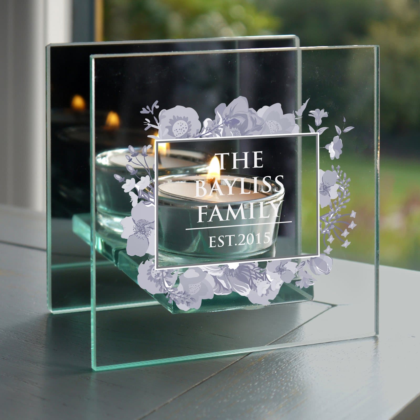 Mirrored glass tea light holder with a Soft Watercolour design and personalised message