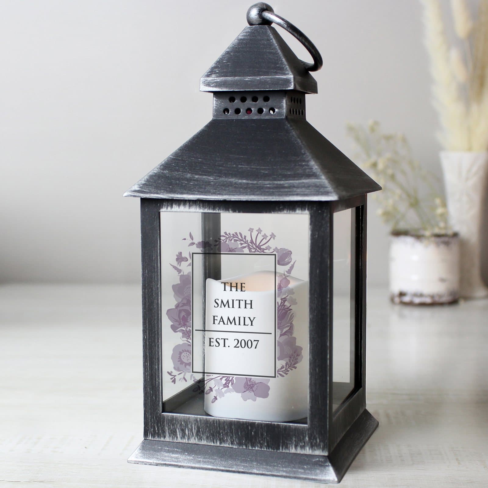 Rustic black soft watercolour lantern personalised with four lines of text