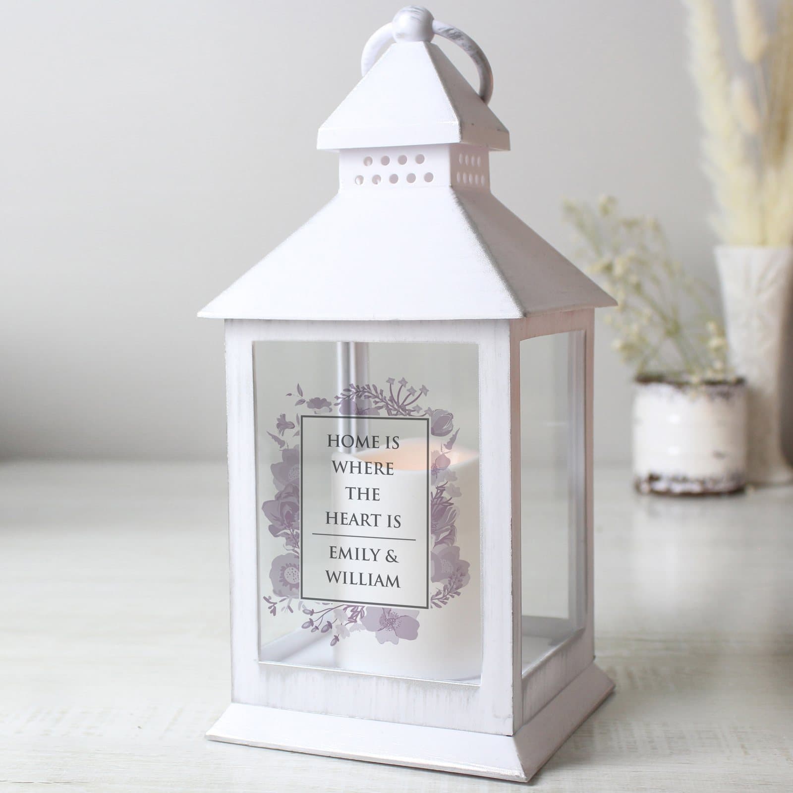 White soft watercolour lantern personalised with six lines of text