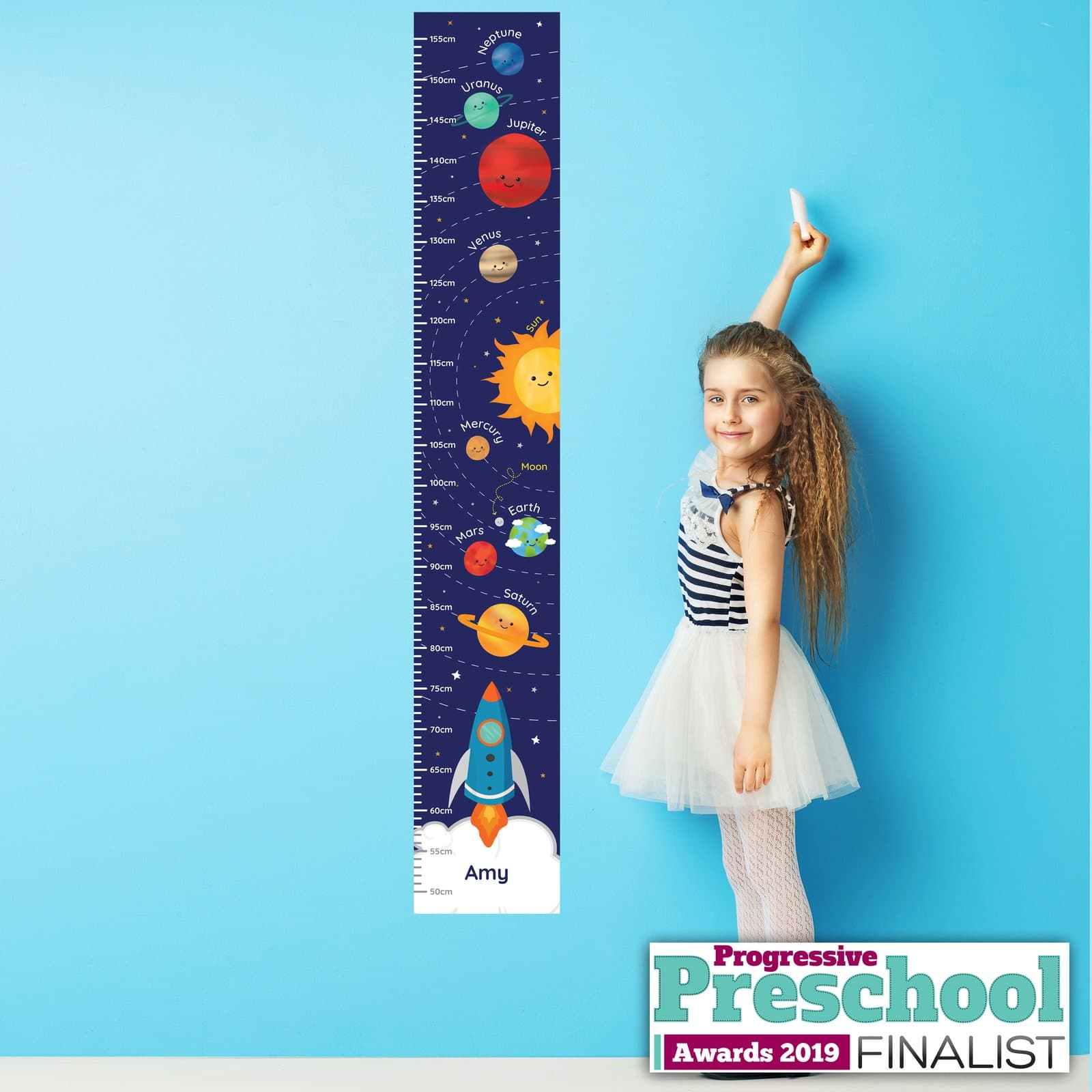 Vinyl height chart with a Solar System design and a personalised name