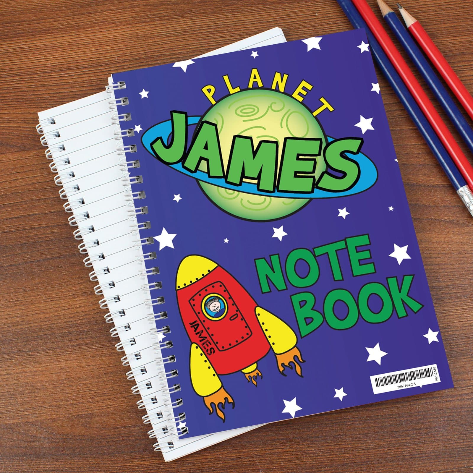 Space-themed A5 notebook personalised with a first name