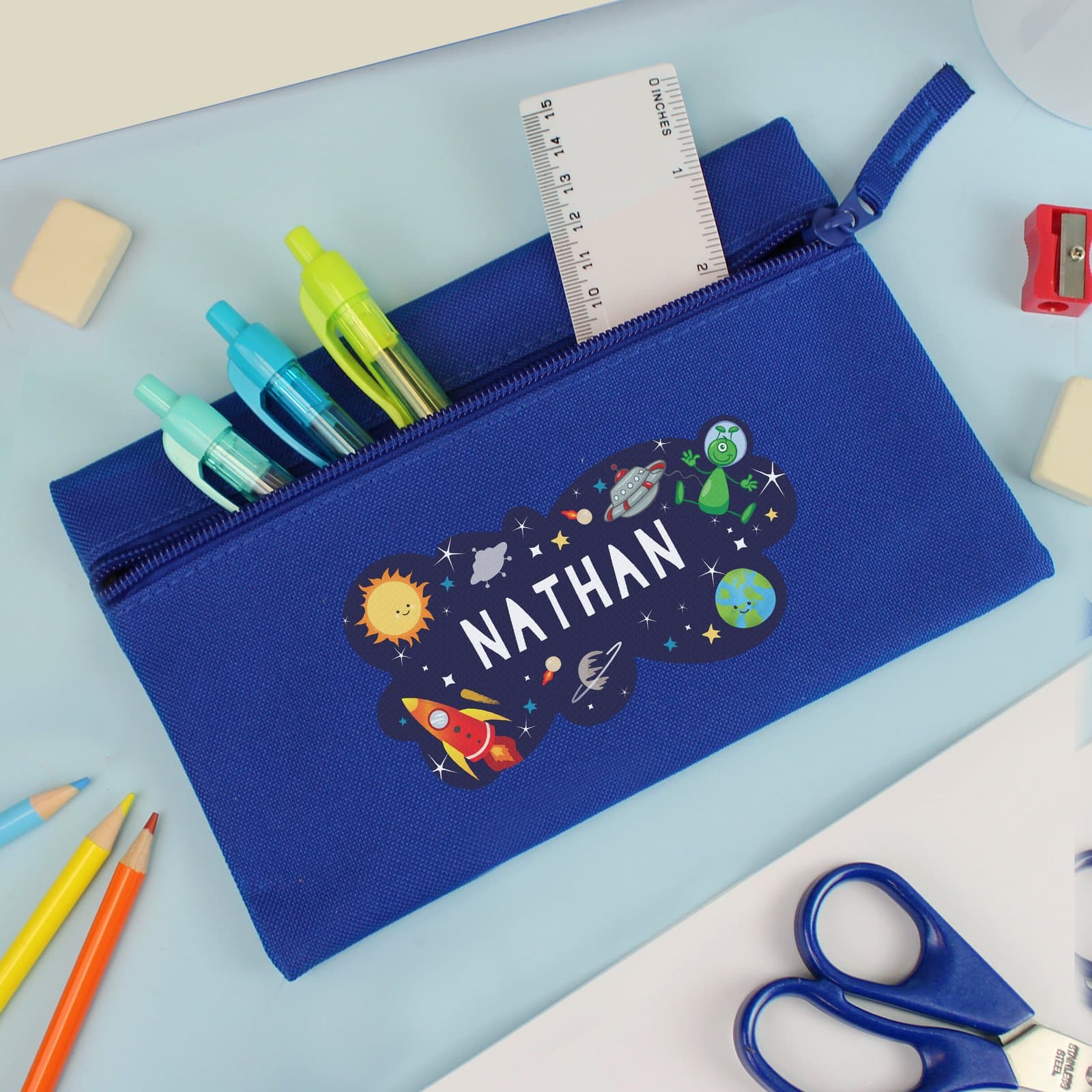Blue space themed pencil case
