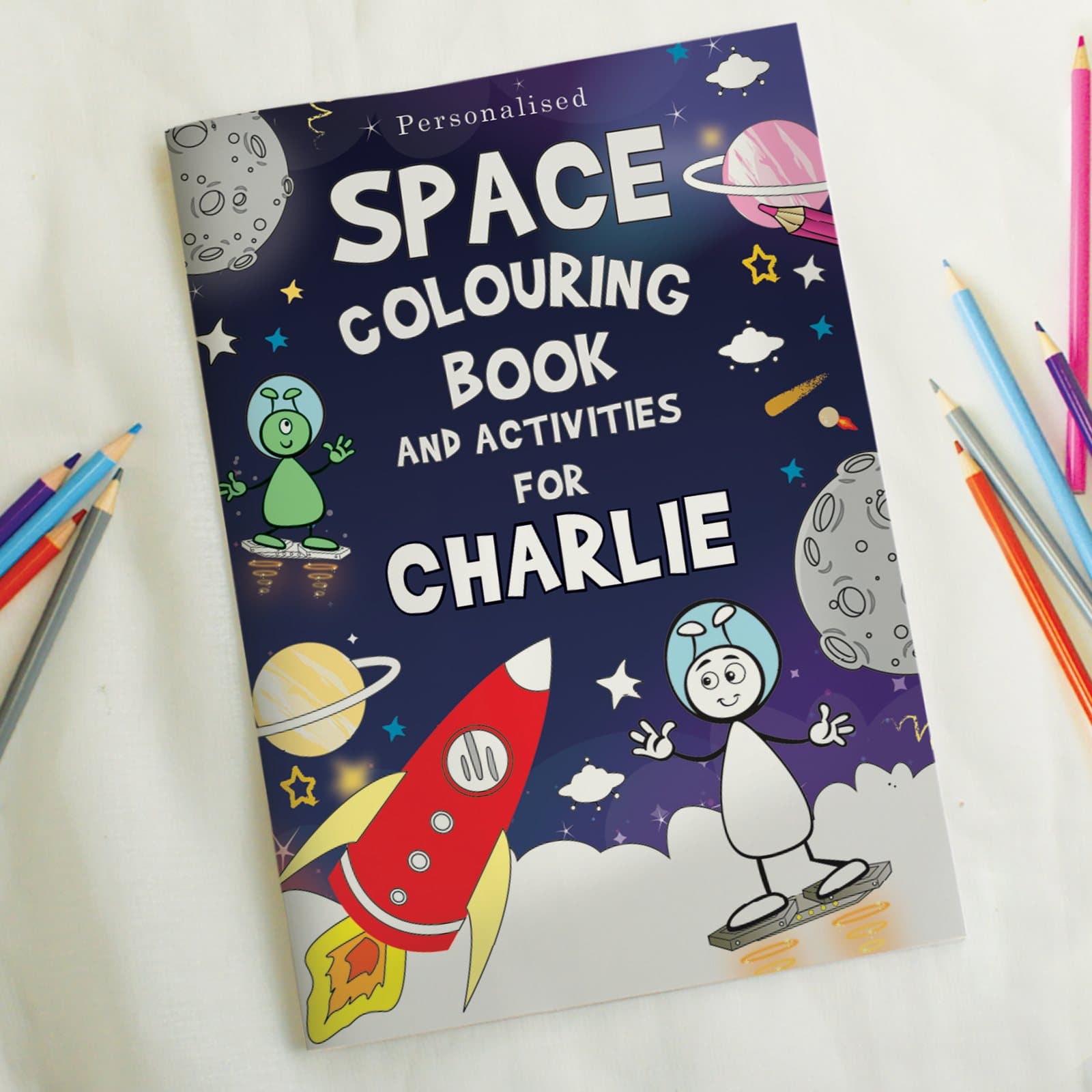 Personalised space colouring book with a child's name on the cover