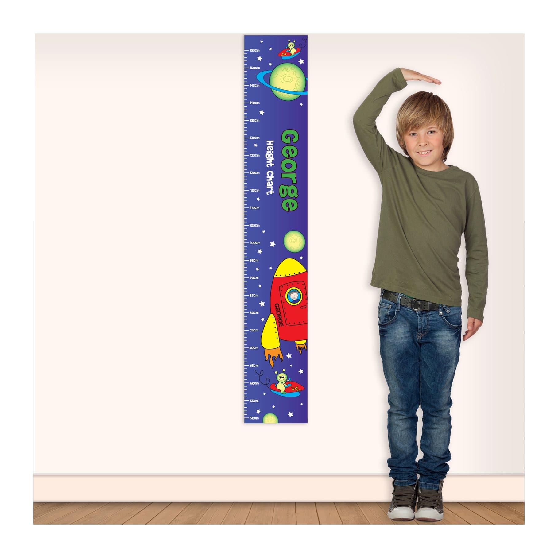Personalised space height chart in vinyl with a planet and spaceship design