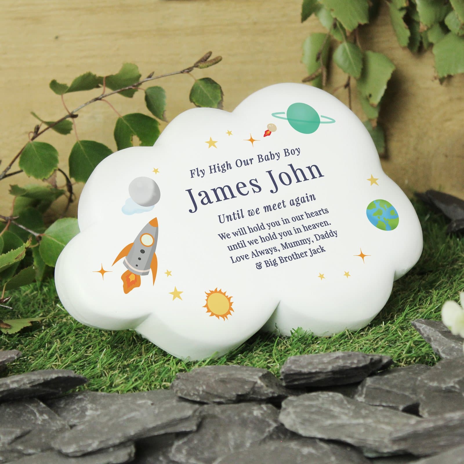 Cloud-shaped resin memorial ornament with seven lines of personalised text