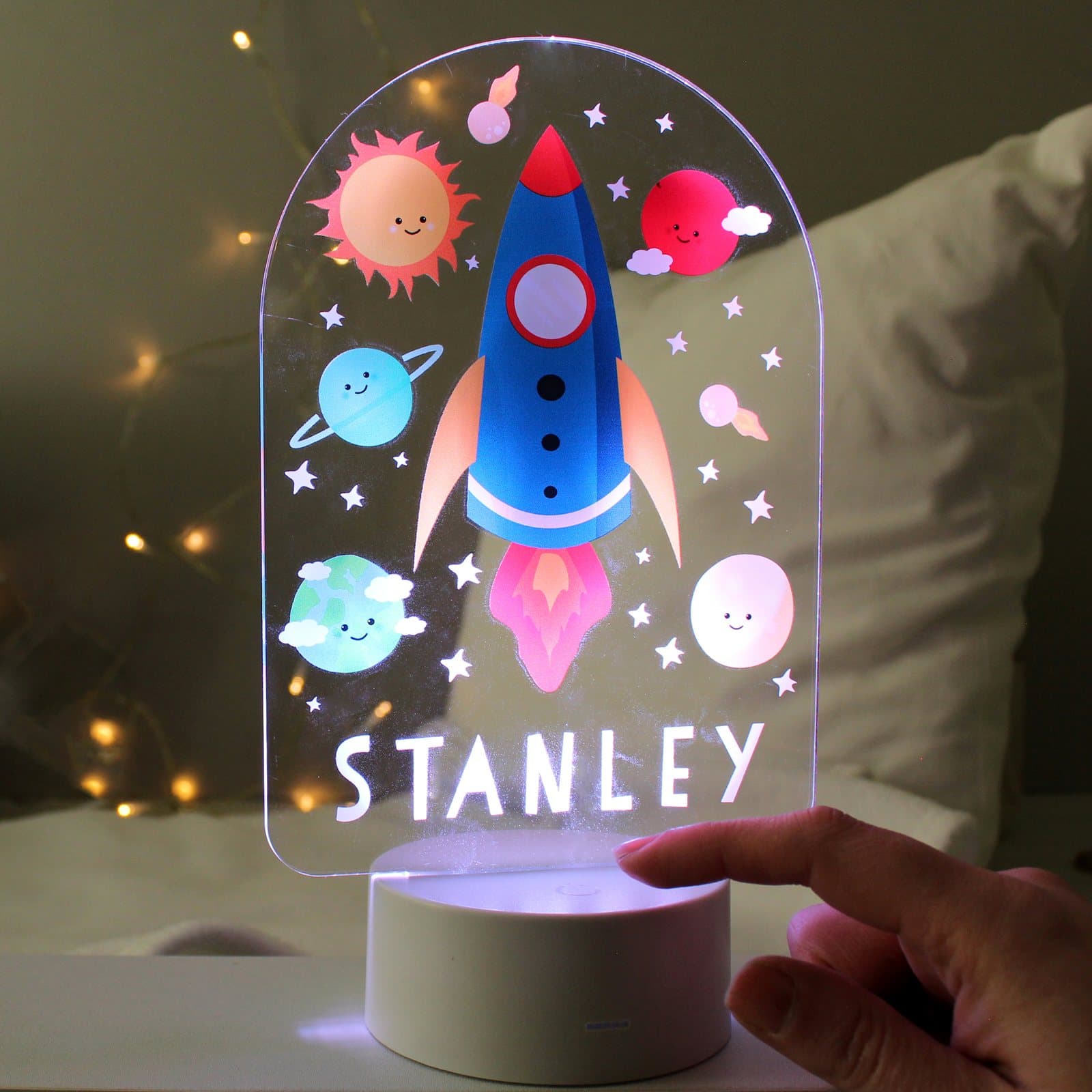 Space rocket LED night light with an acrylic sign personalised with a name