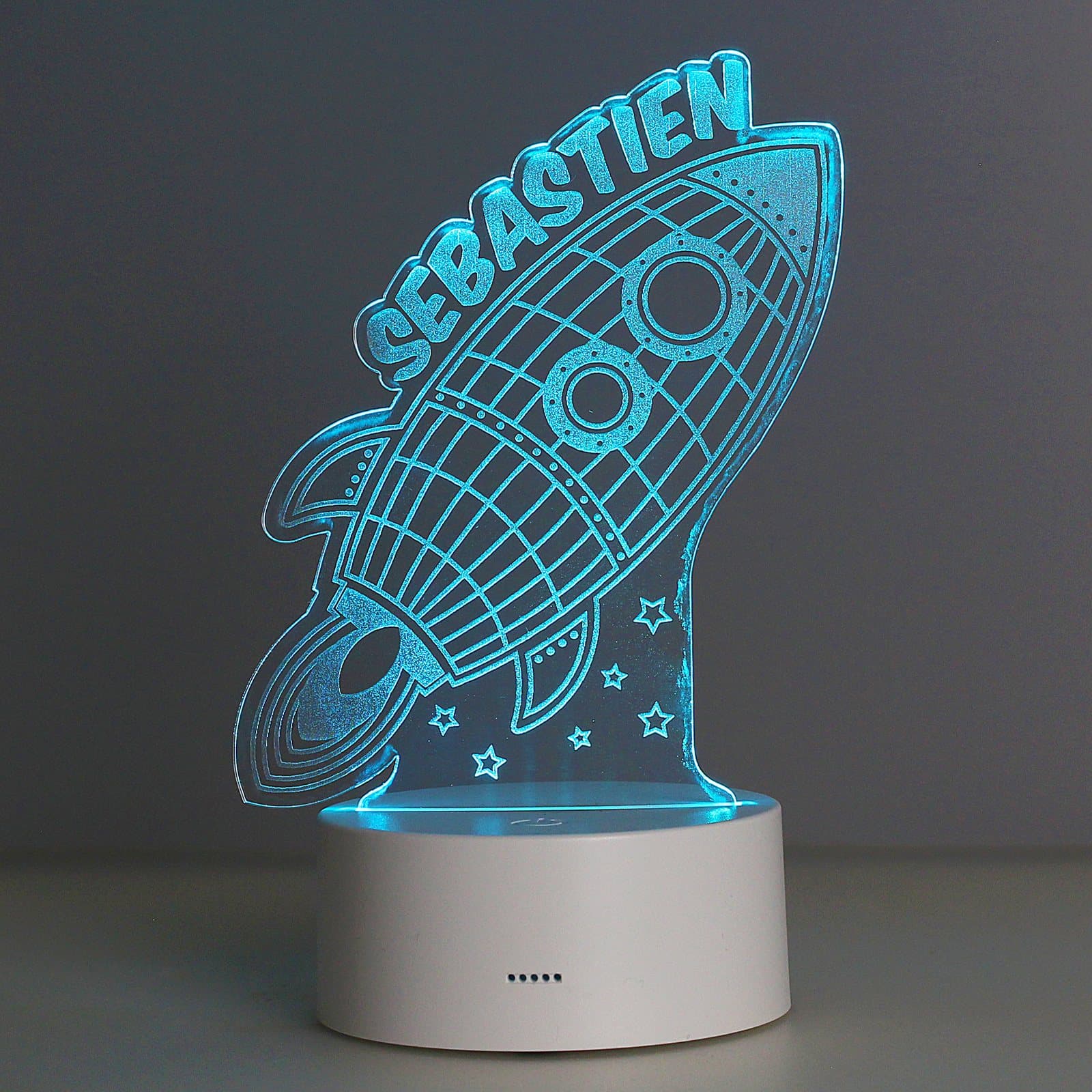 Wireframe rocket LED night light made from acrylic, personalised with a name