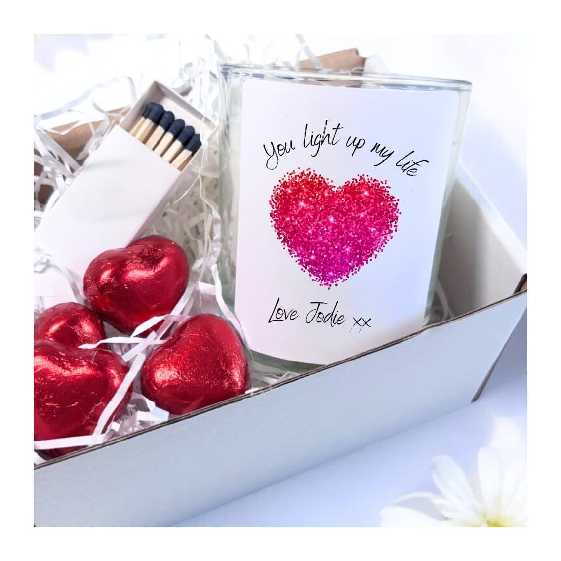 Personalised sparkly pink heart candle gift set