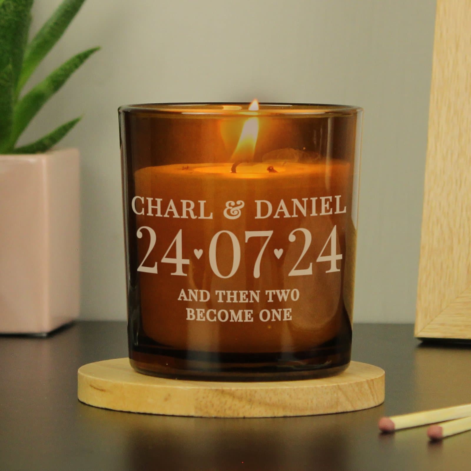 Amber glass candle jar personalised with a date and hearts