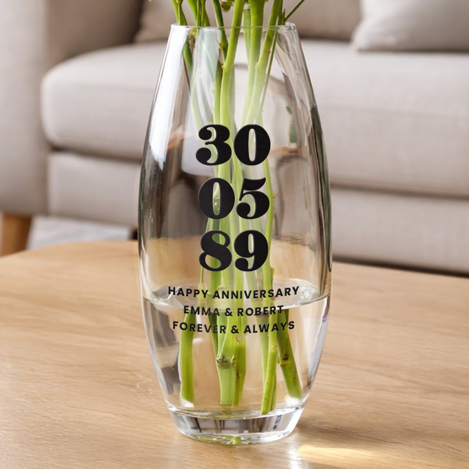 Personalised glass bullet vase with six lines of text