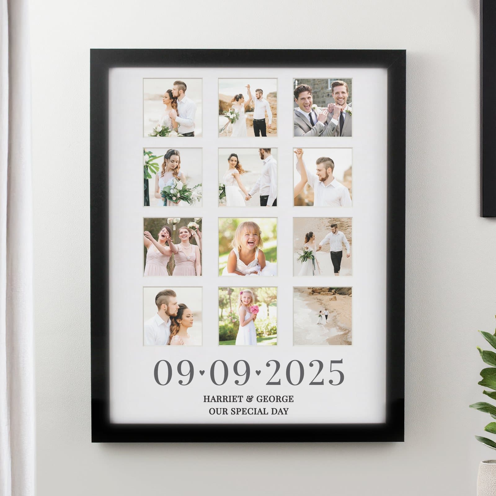 Large multi photo frame with twelve small photos, a date and hearts