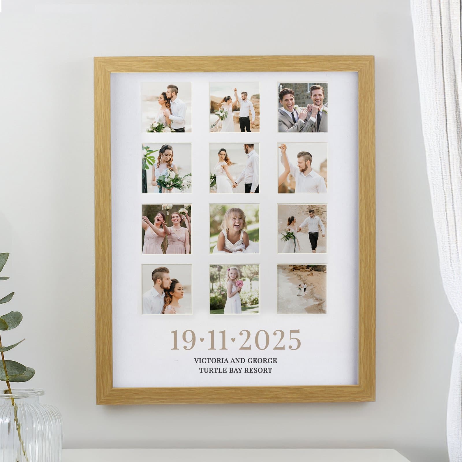Large oak multi photo frame with twelve small photos, a date and hearts