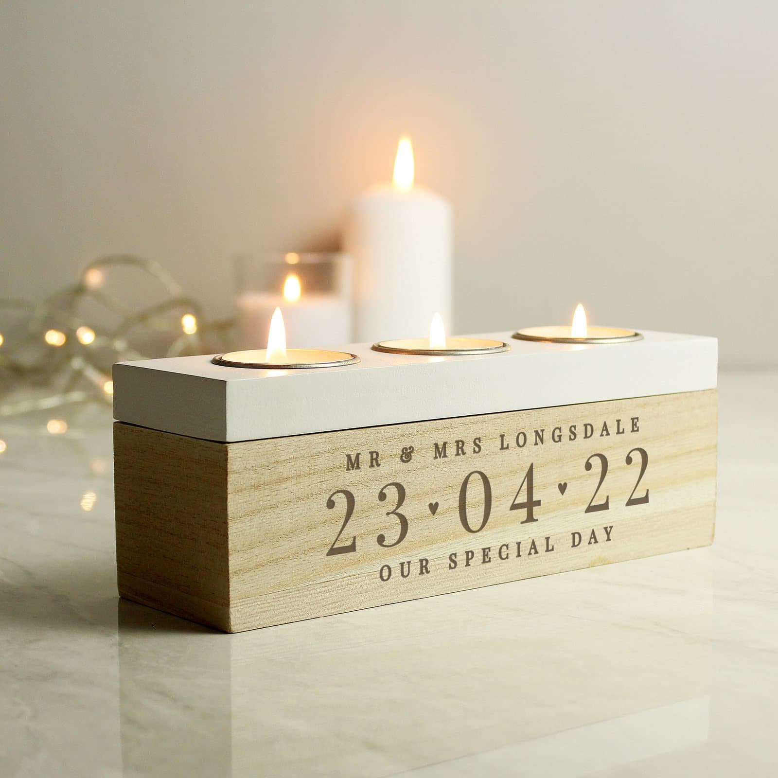 Wooden shabby chic tea light box with a date and hearts