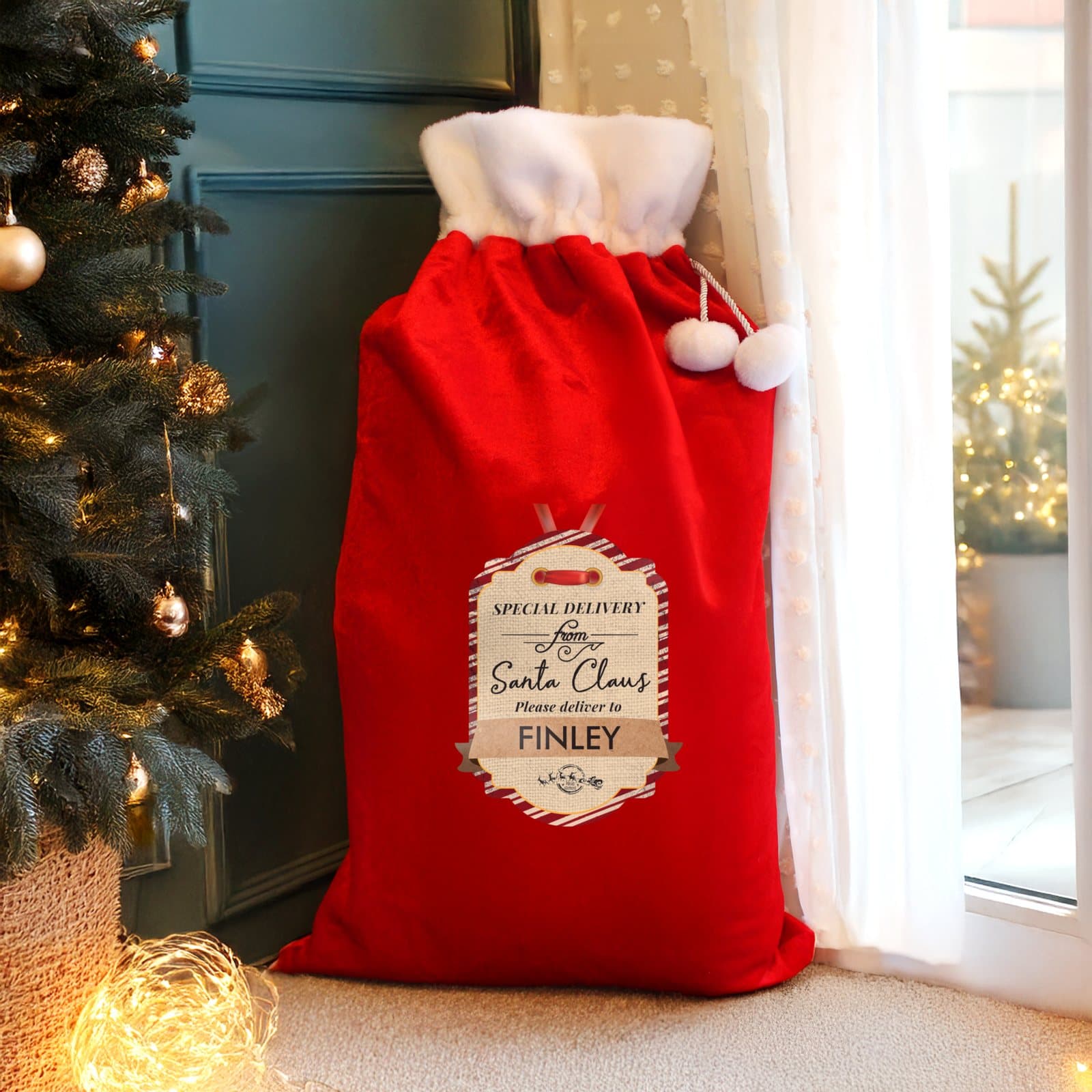 Personalised Special Delivery red pom pom Christmas sack
