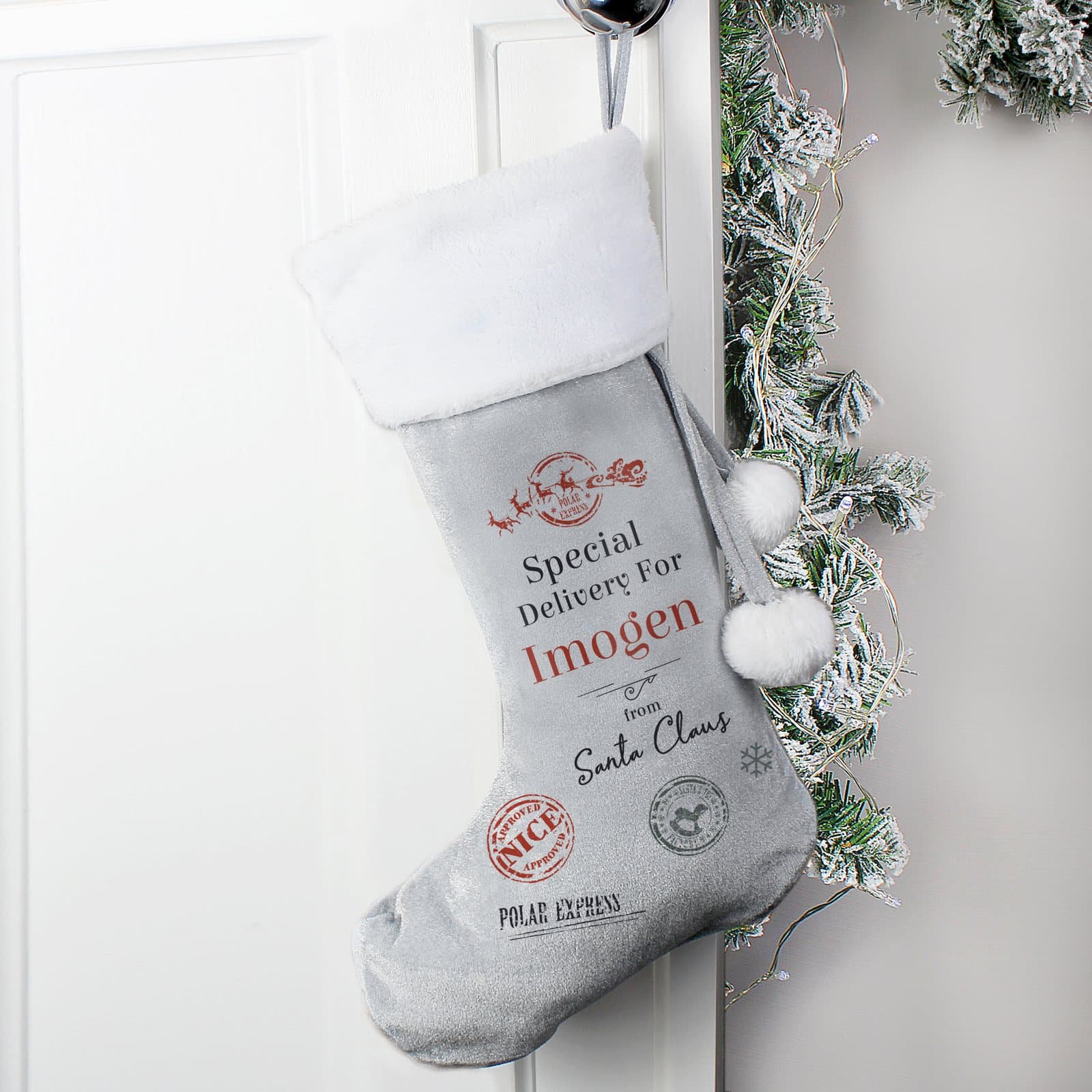 'Special delivery' Christmas stocking in silver grey and red