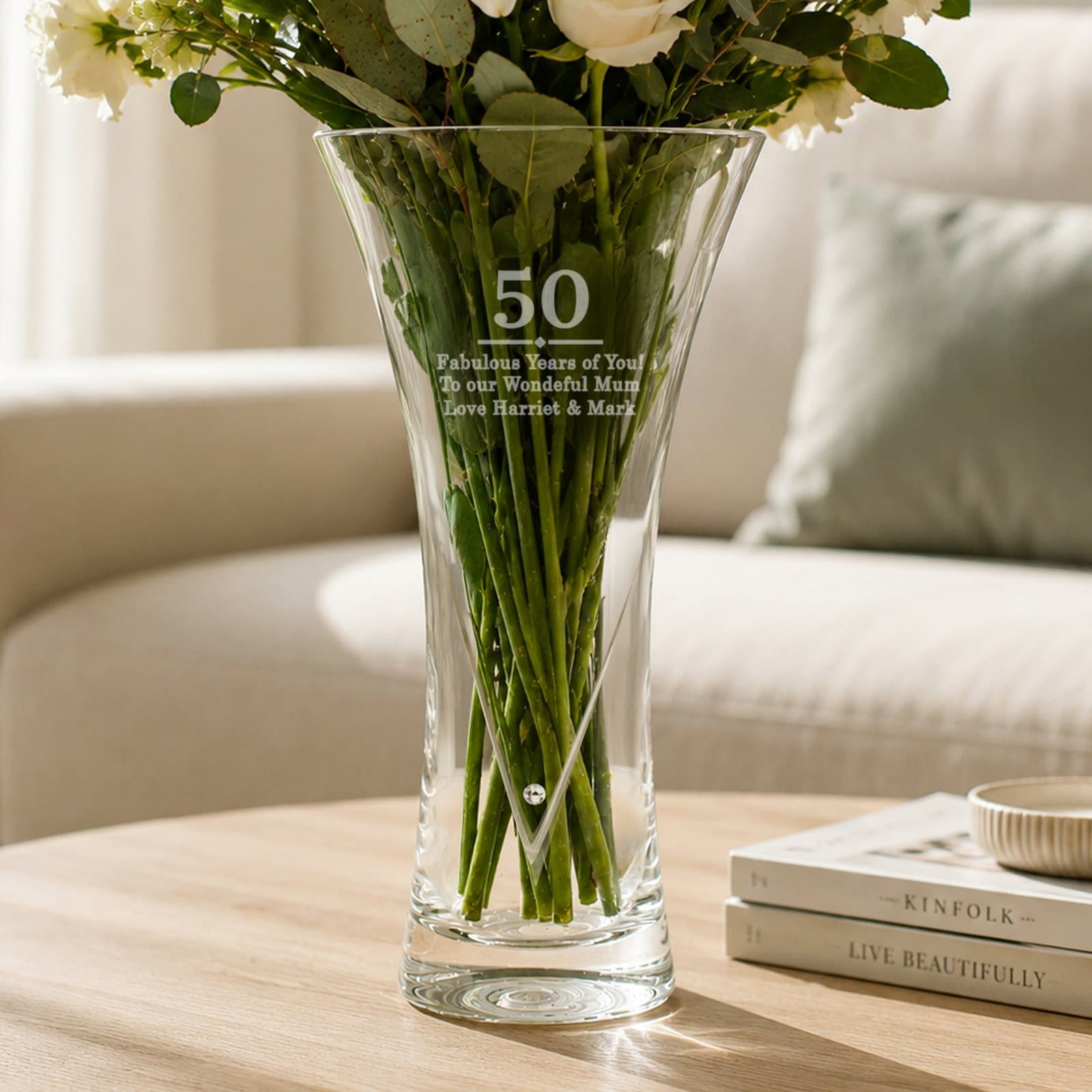Glass diamond effect heart vase personalised with a year and message