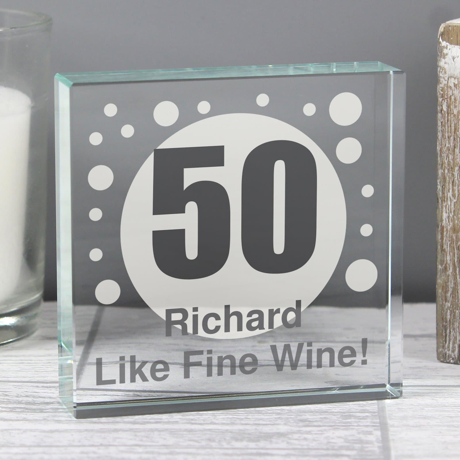 Crystal token with a spots design, personalised with an age and message