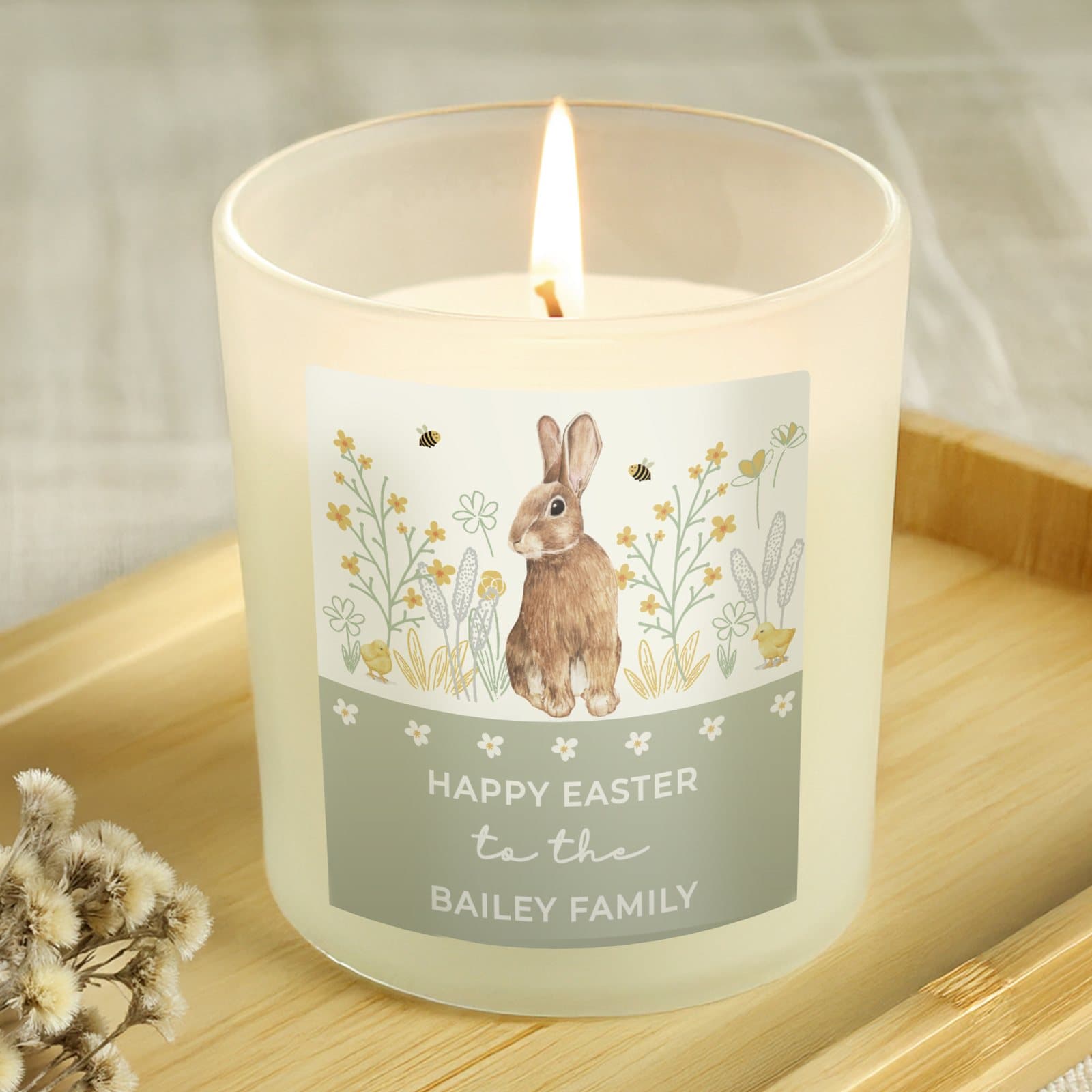 Spring bunny scented candle jar with space for three lines of text