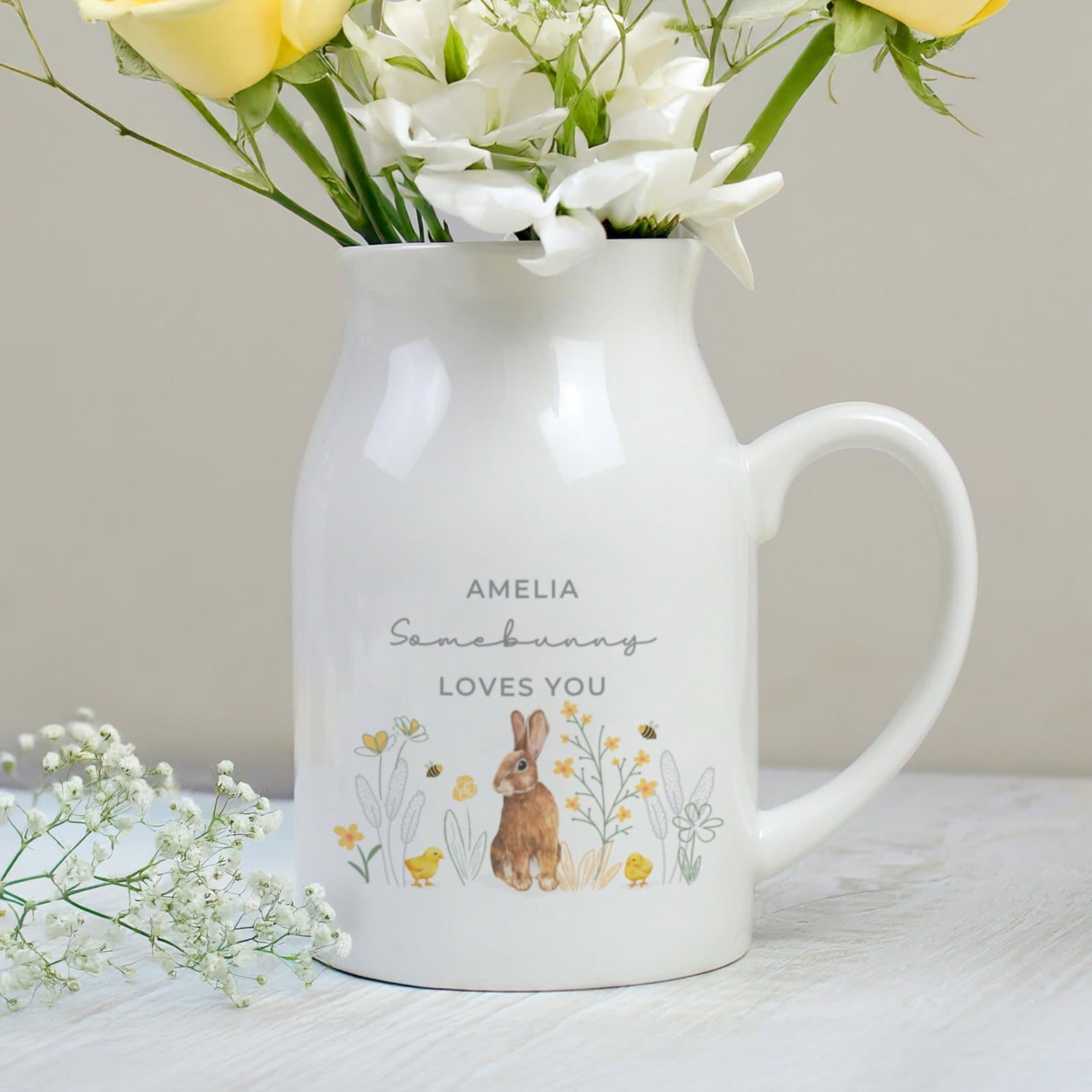 Ceramic jug vase with a hand-illustrated bunny and personalised text