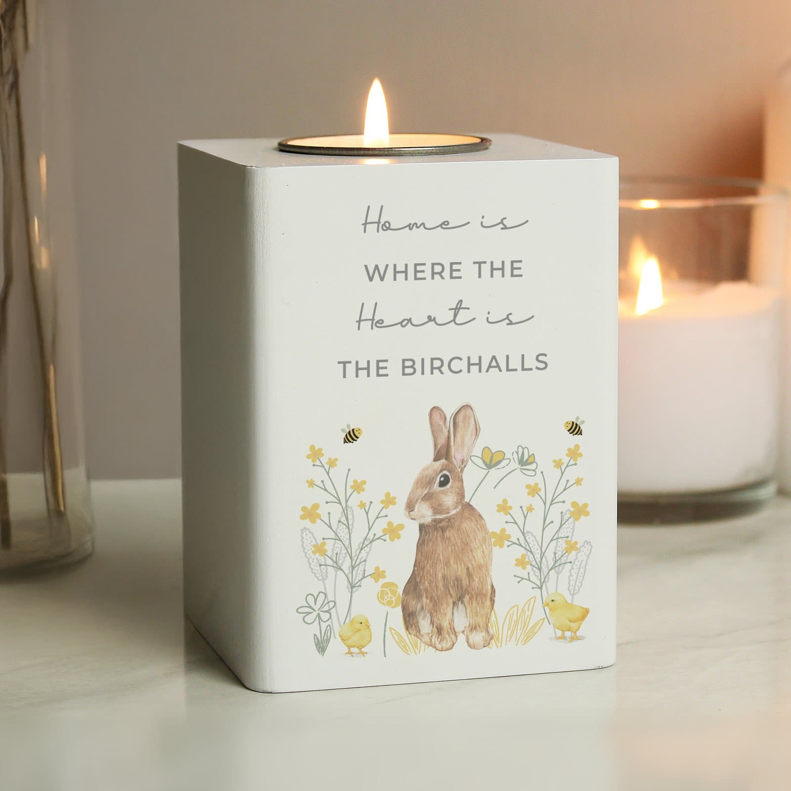 White painted wooden tealight holder with a bunny design