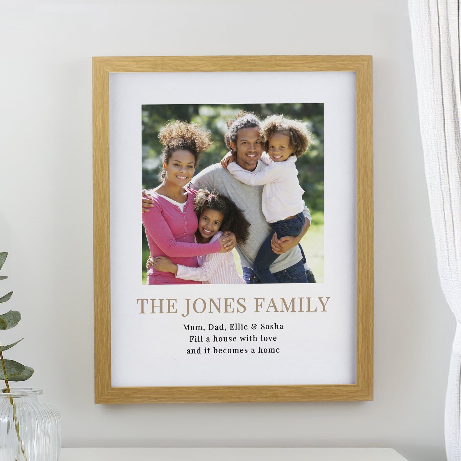 Oak portrait poster frame with a photo and four lines of text at the bottom