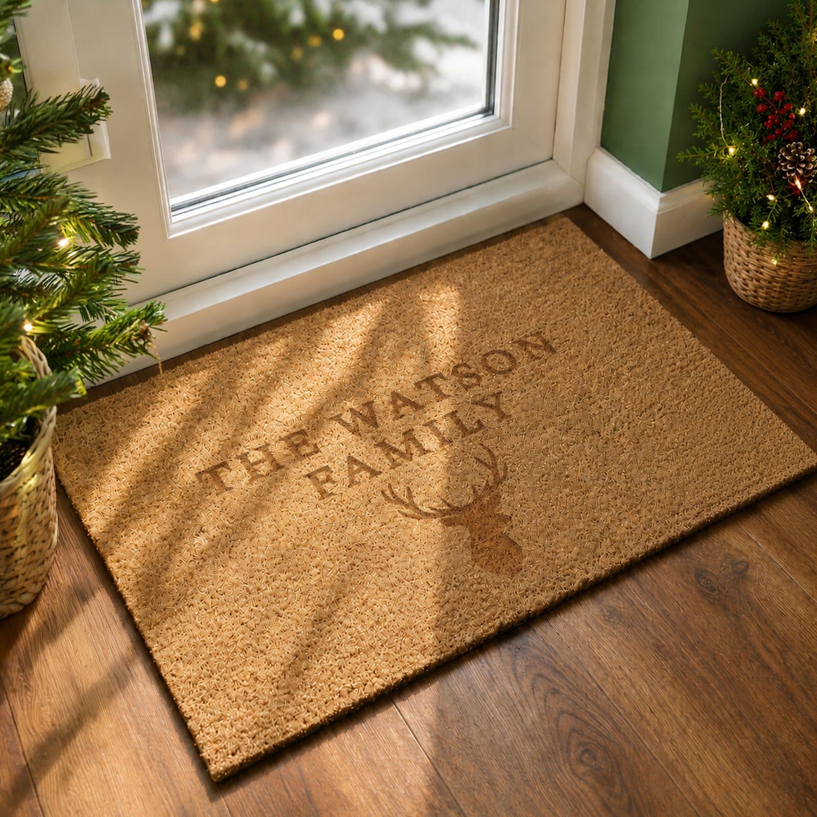 Rectangle indoor doormat with a stag design and two lines of text