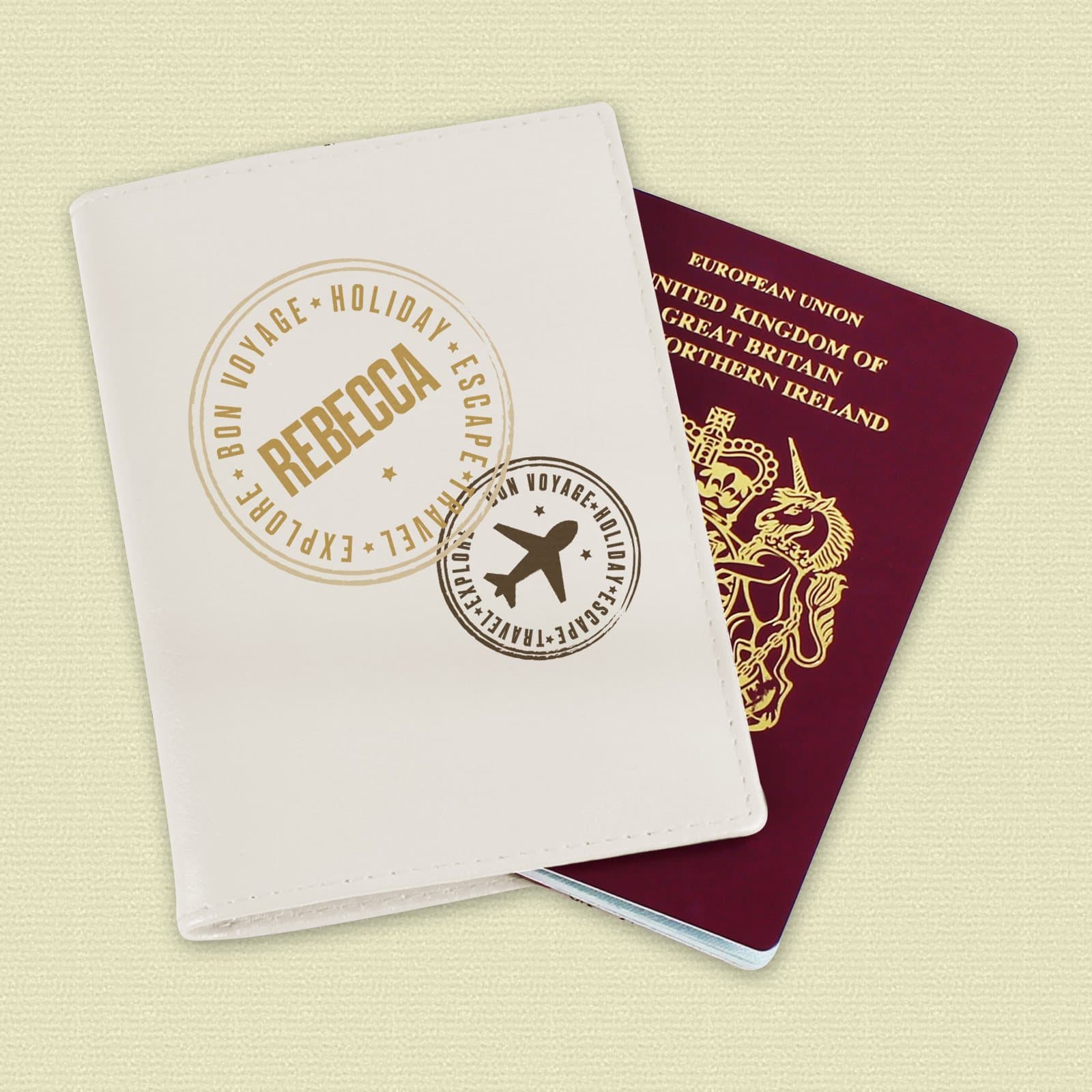 Personalised stamped leather passport holder in cream and black