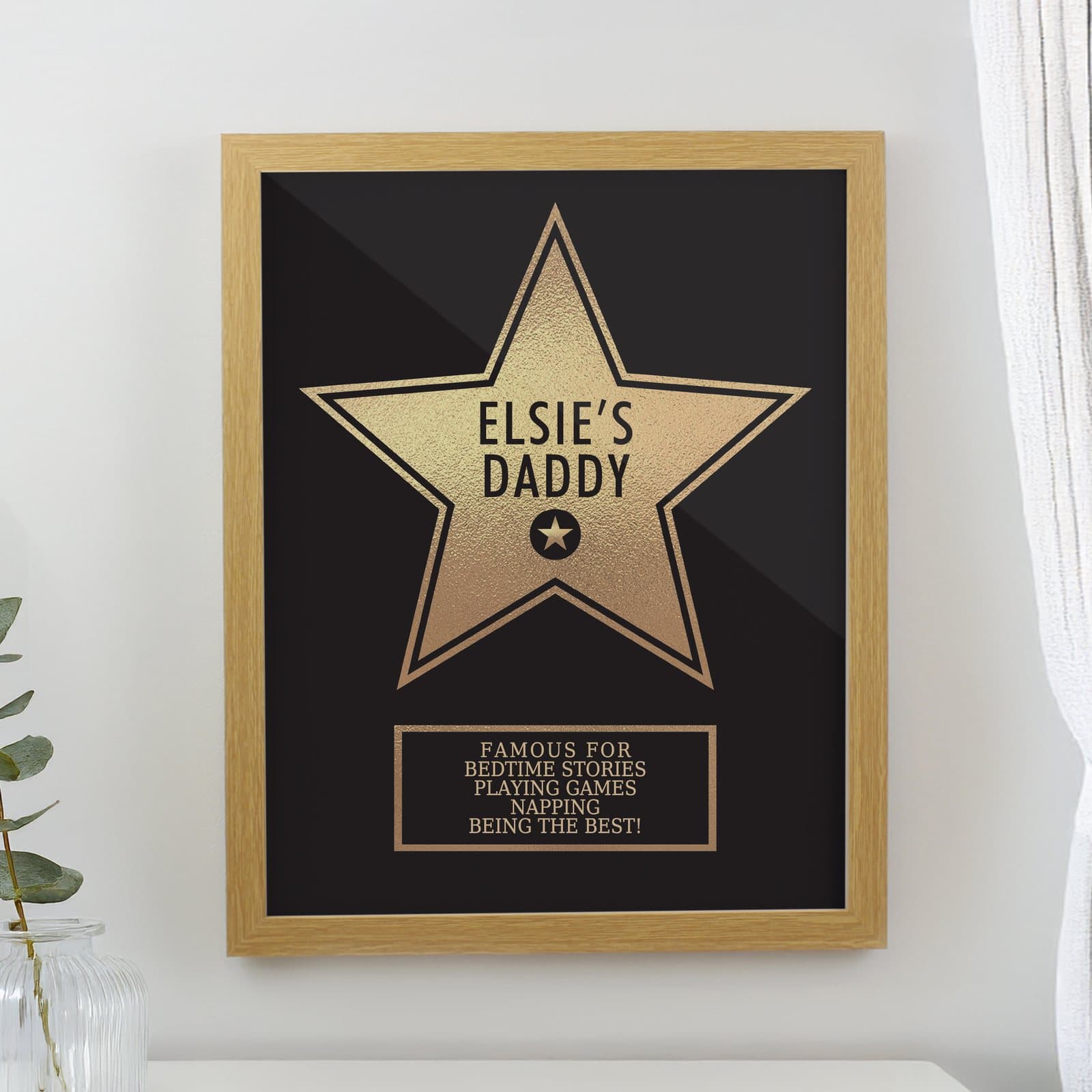 Oak portrait frame with a Star Award print and personalised names