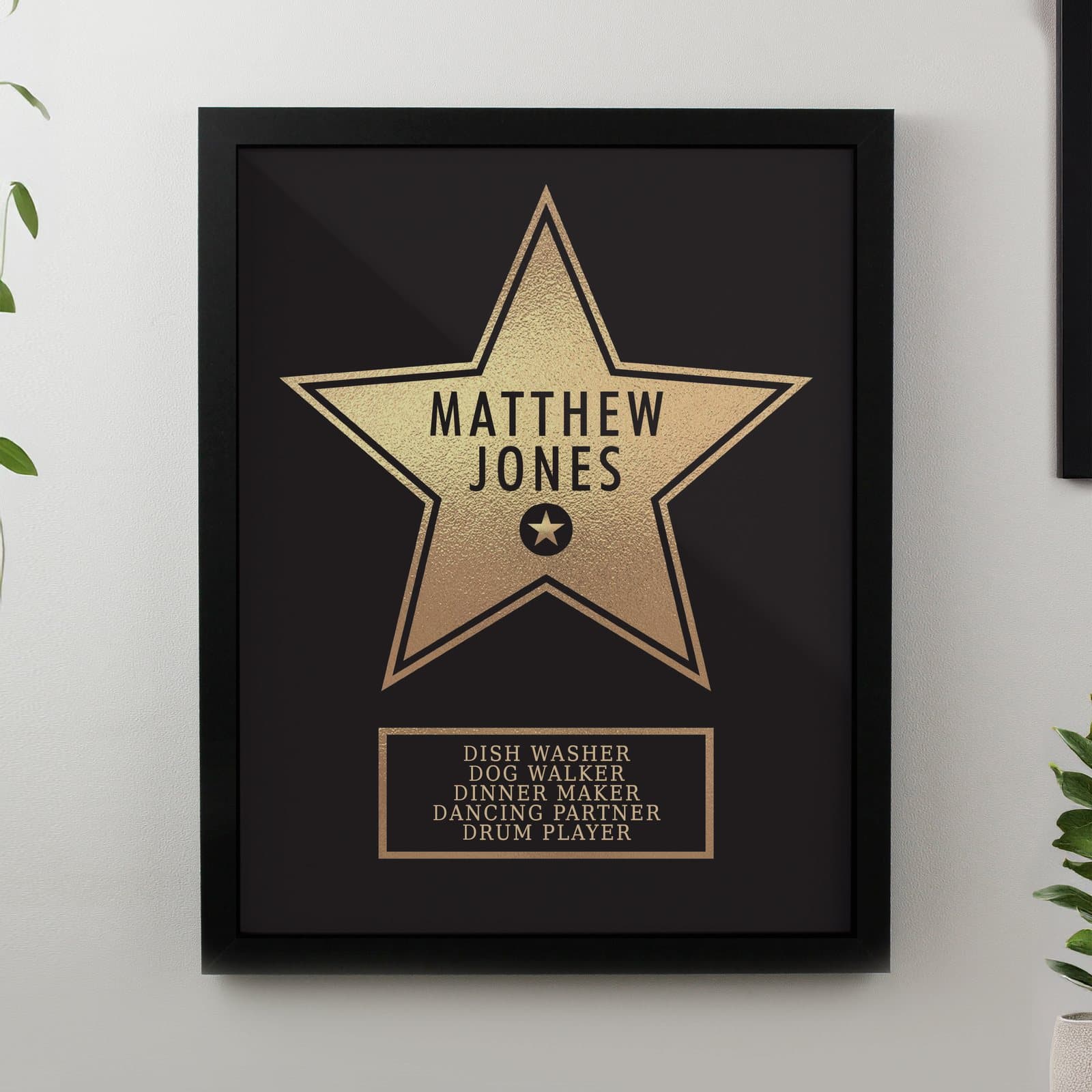 Black or white portrait frame with a Star Award print and personalised text