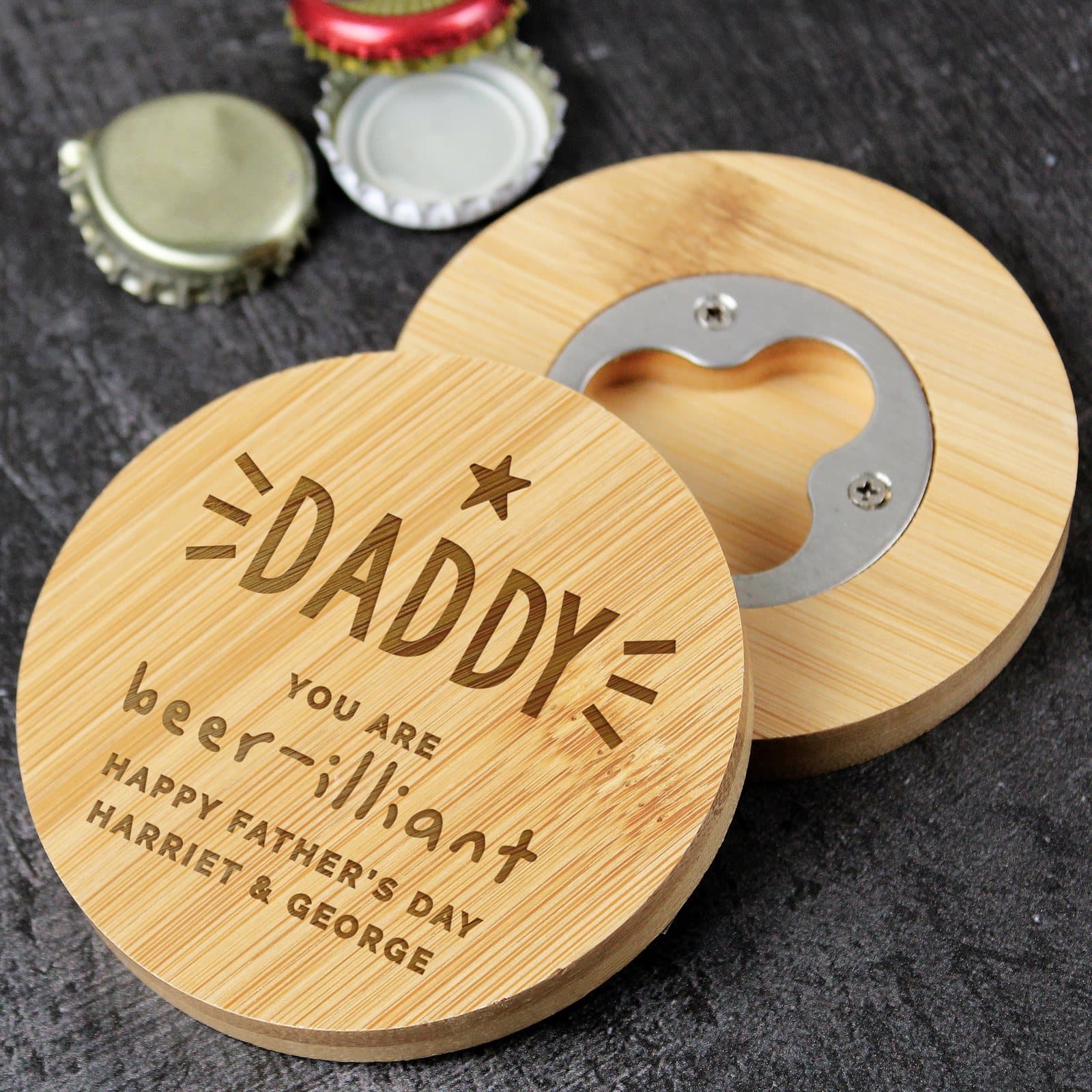 Square bamboo coaster with personalised text and a built-in bottle opener