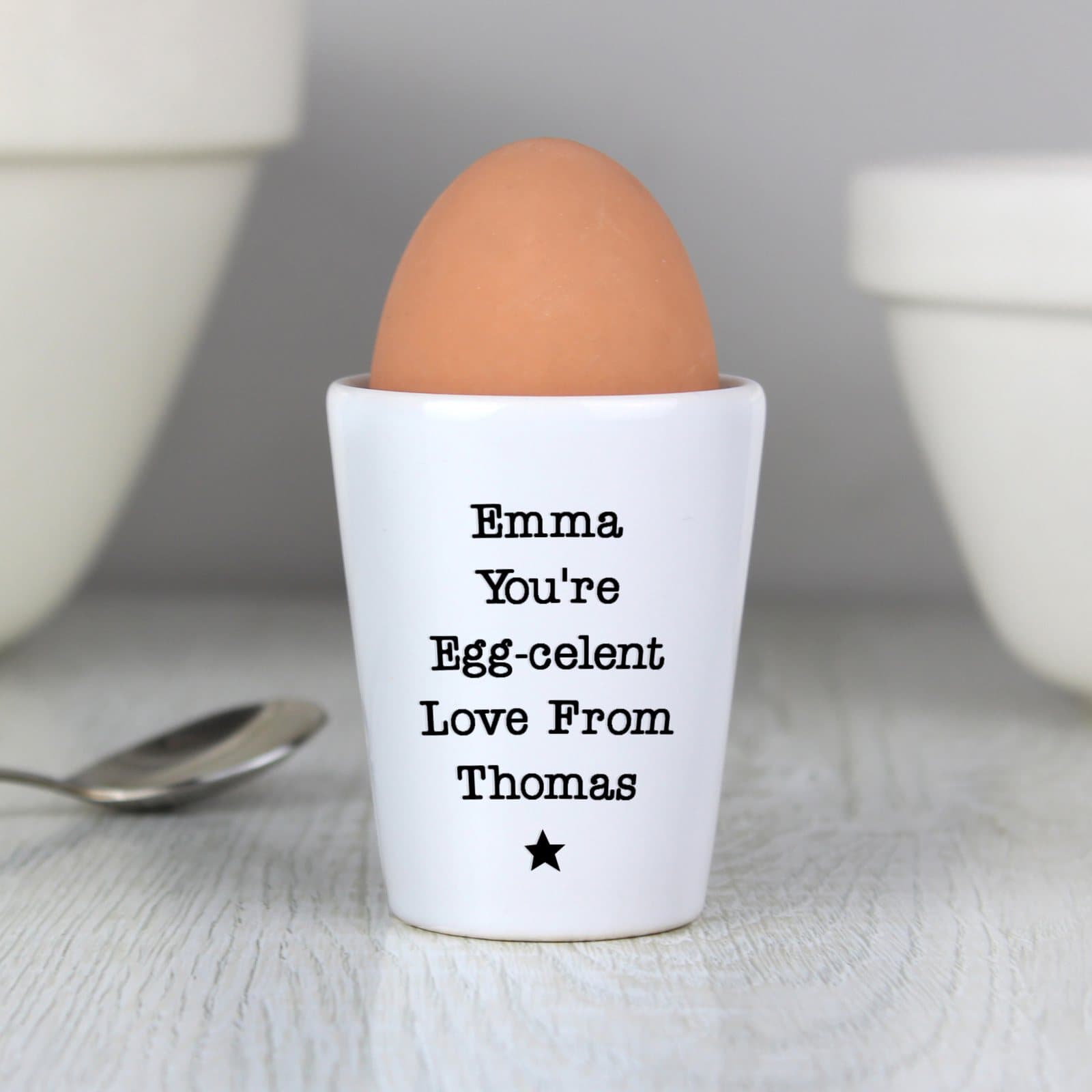 Personalised star ceramic egg cup with free text