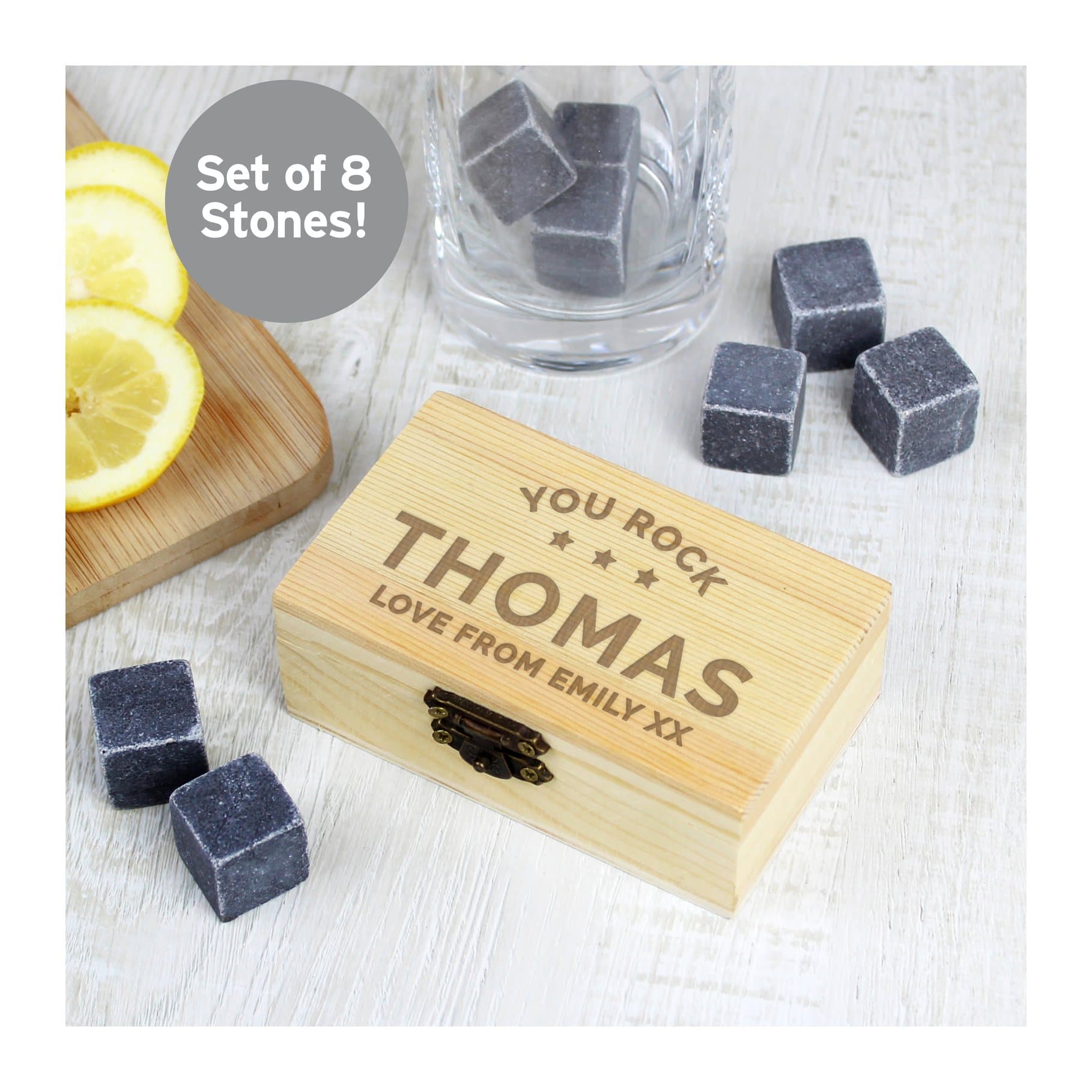 Set of cooling stones with a personalised wooden clasp locked box