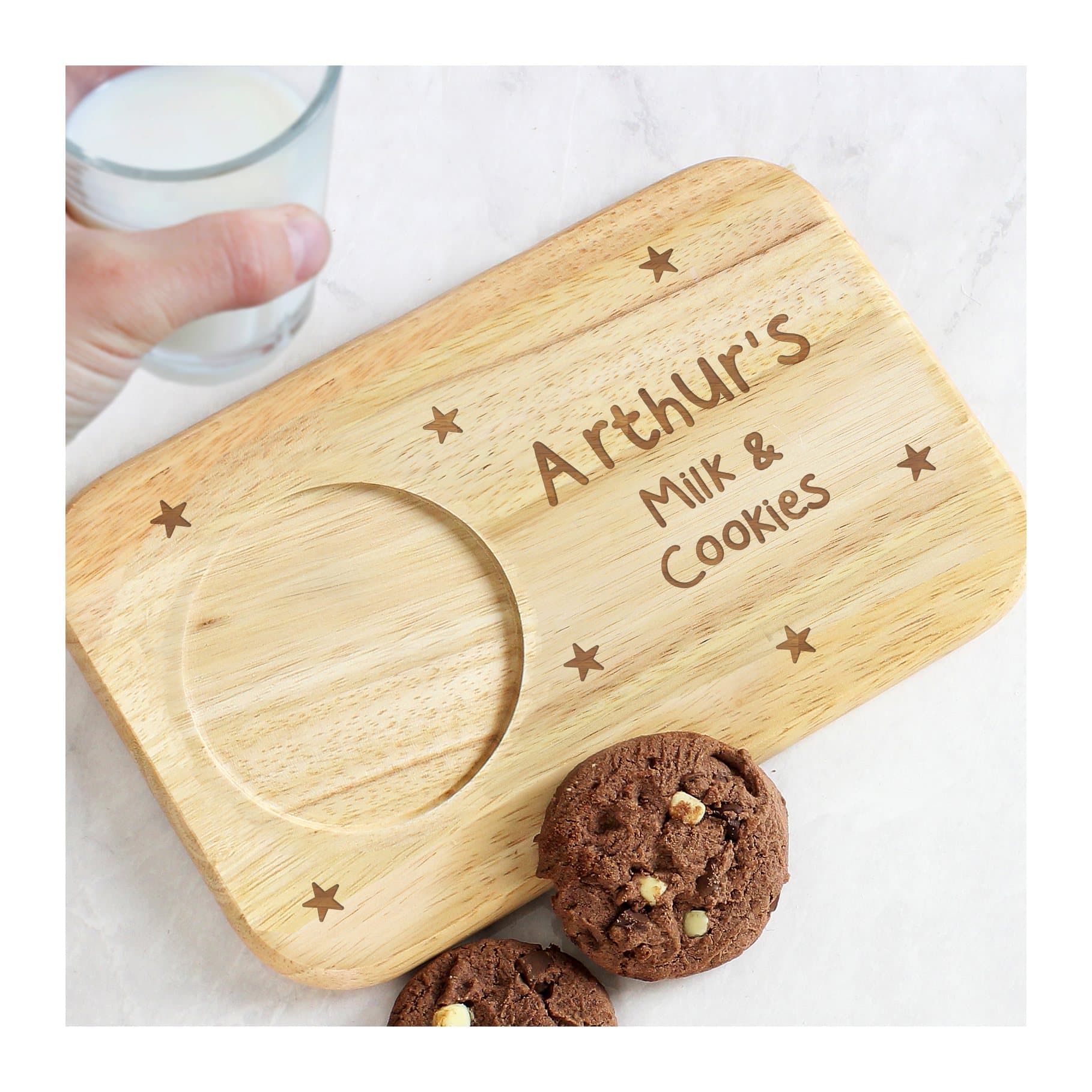 Wooden coaster tray with a stars design, a round drink groove and personalised text