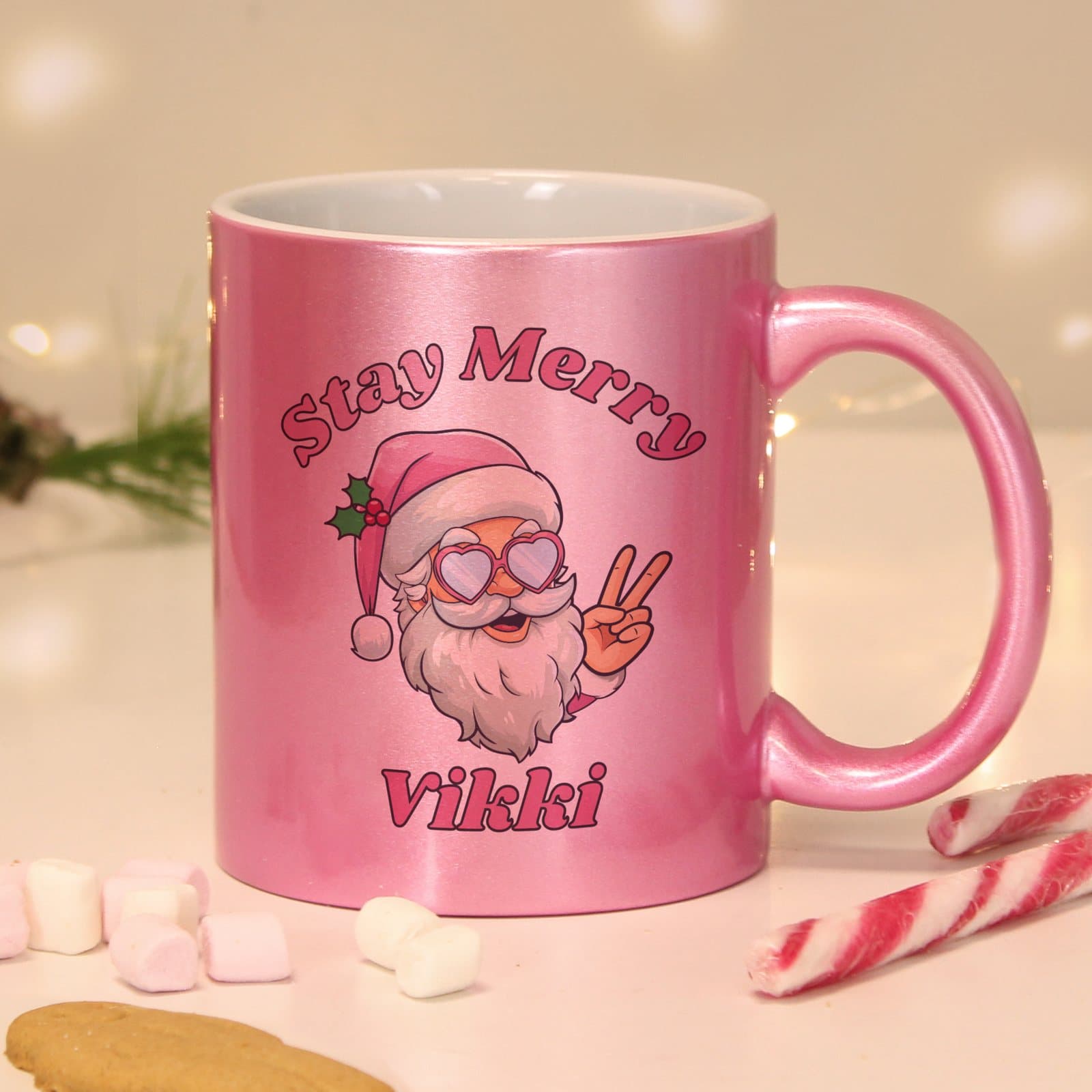 Pink ceramic Stay Merry Santa Claus Christmas mug