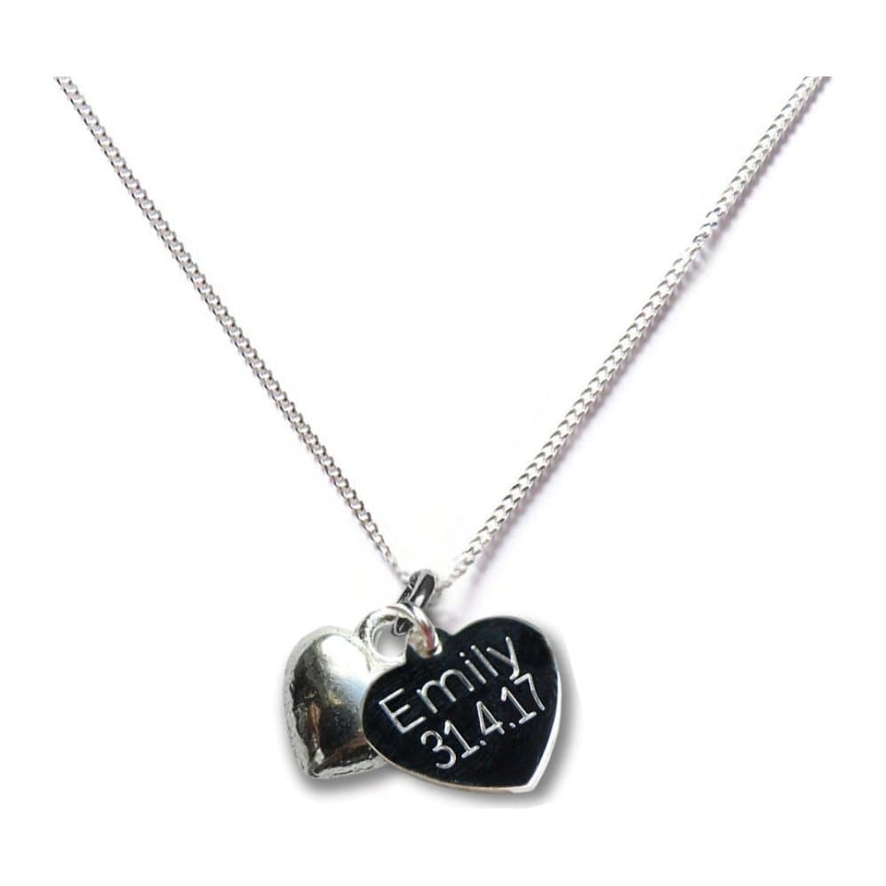 Personalised sterling silver heart charm necklace with a silver plated puff heart charm