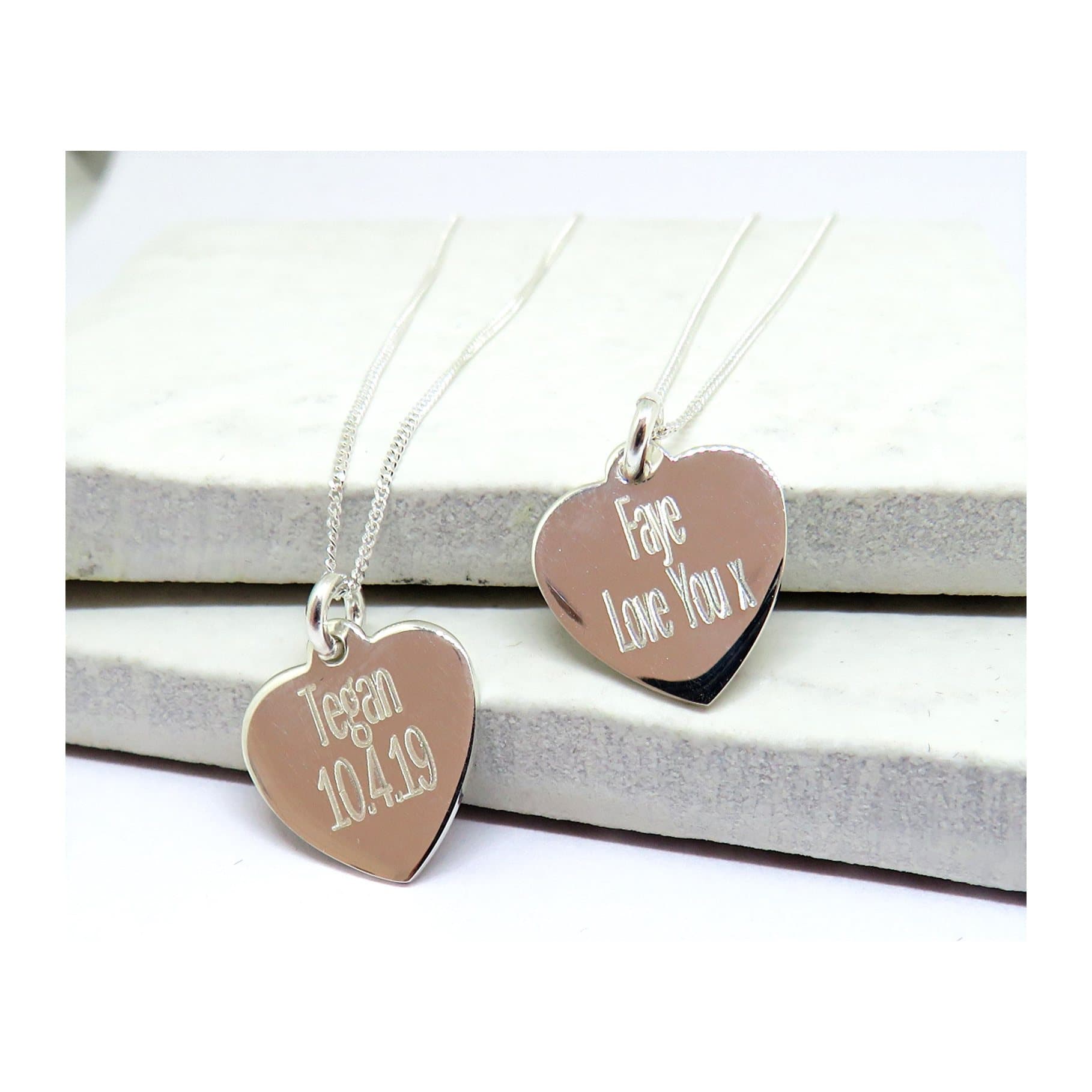 Personalised sterling silver heart necklace on a sterling silver chain