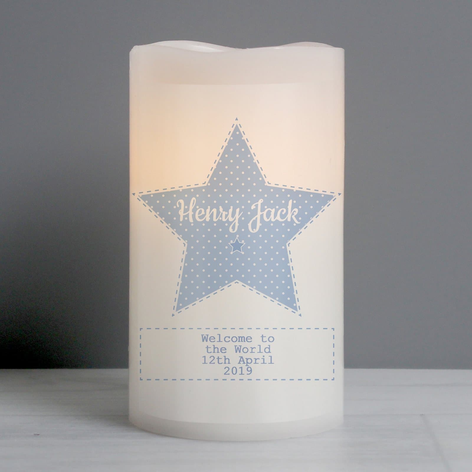 Personalised baby boy nightlight LED candle with a name in a heart
