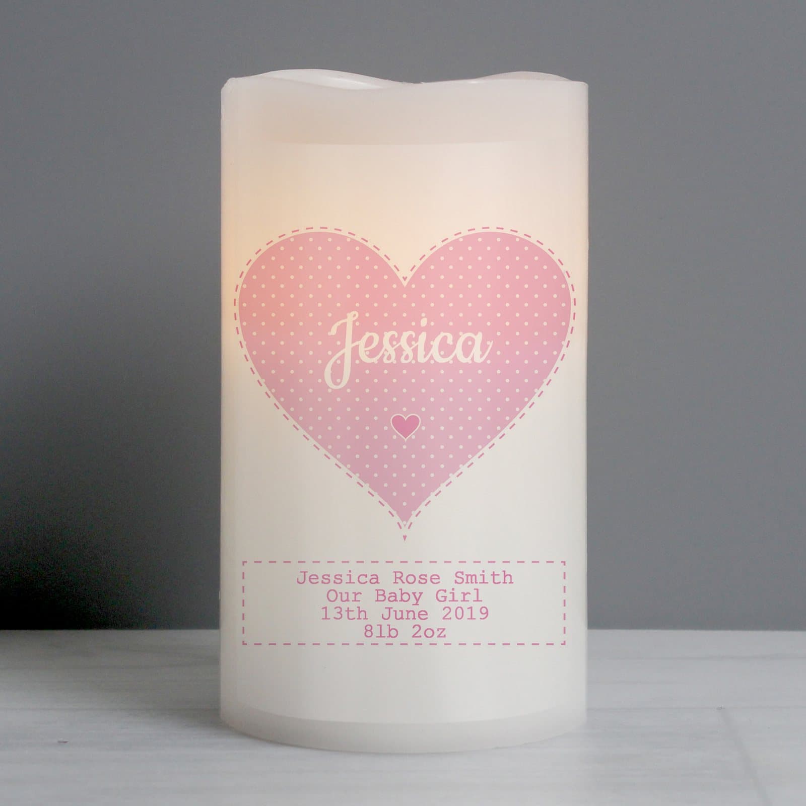 Personalised baby girl night light LED candle with a name in a heart