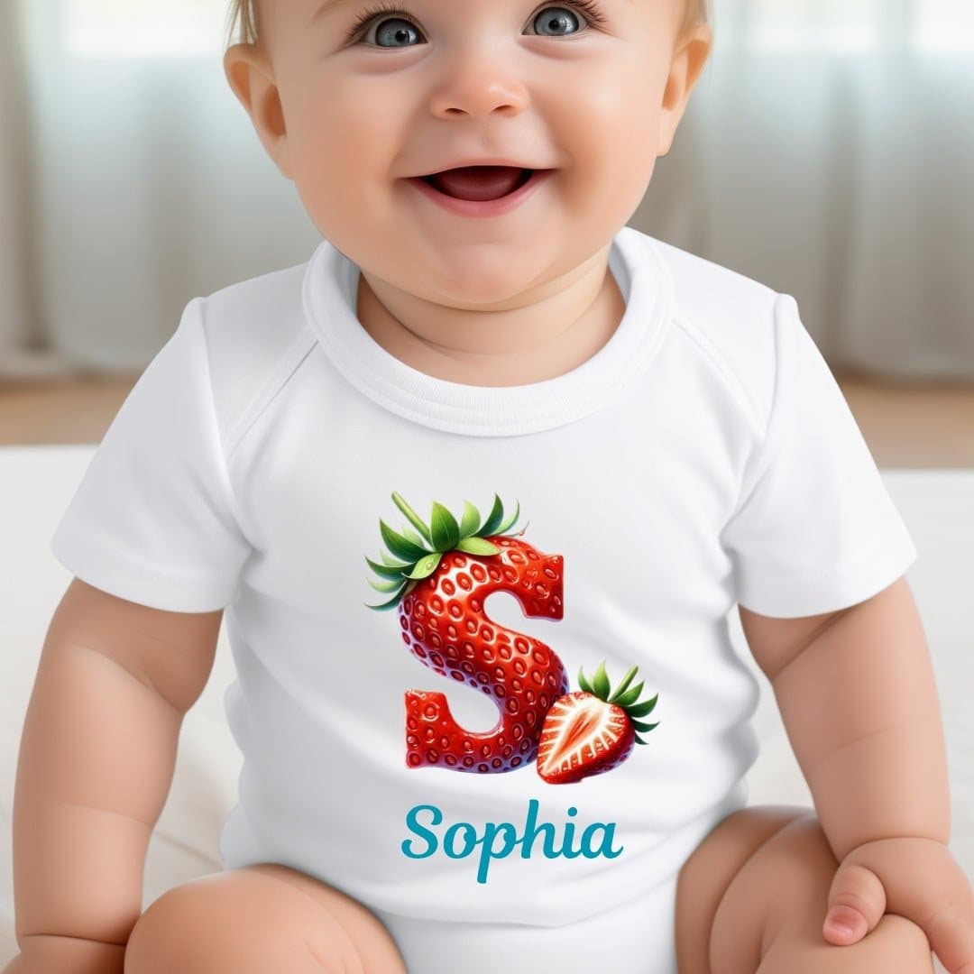 Personalised strawberry baby grow, vest or bib with a strawberry design