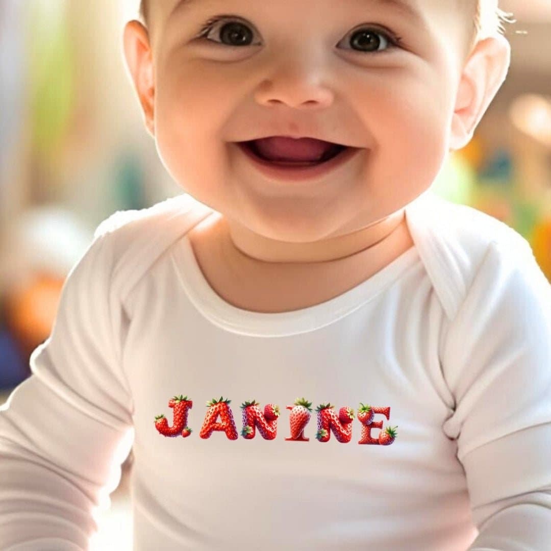 Personalised strawberry design baby grow, vest or bib with a name
