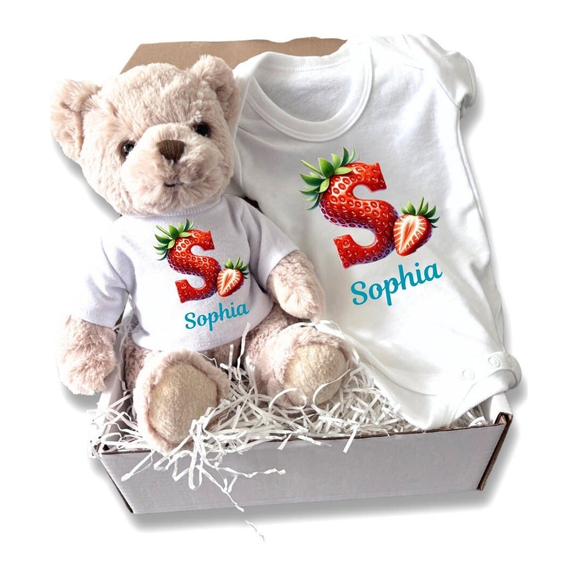 Personalised strawberry baby gift box with a teddy and a baby vest