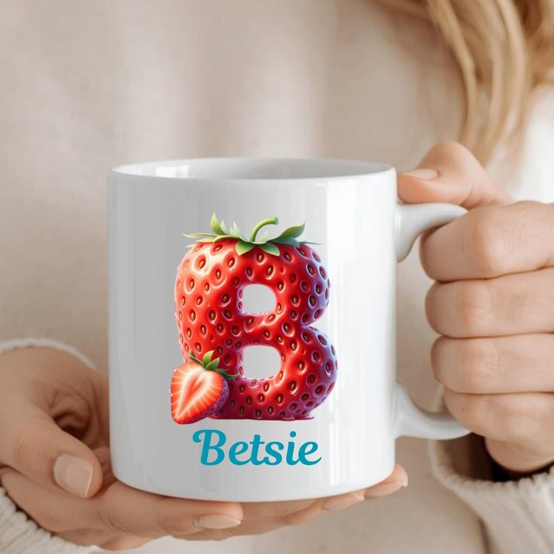 Ceramic mug with a strawberry design and a personalised name for Mum