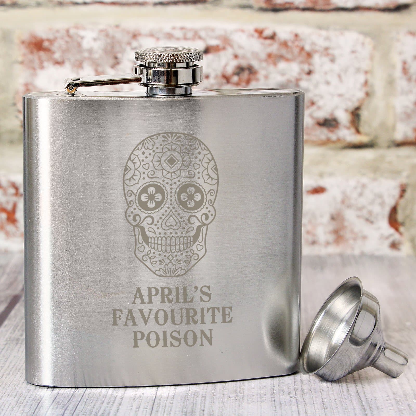 Stainless steel hip flask with a sugar skull design