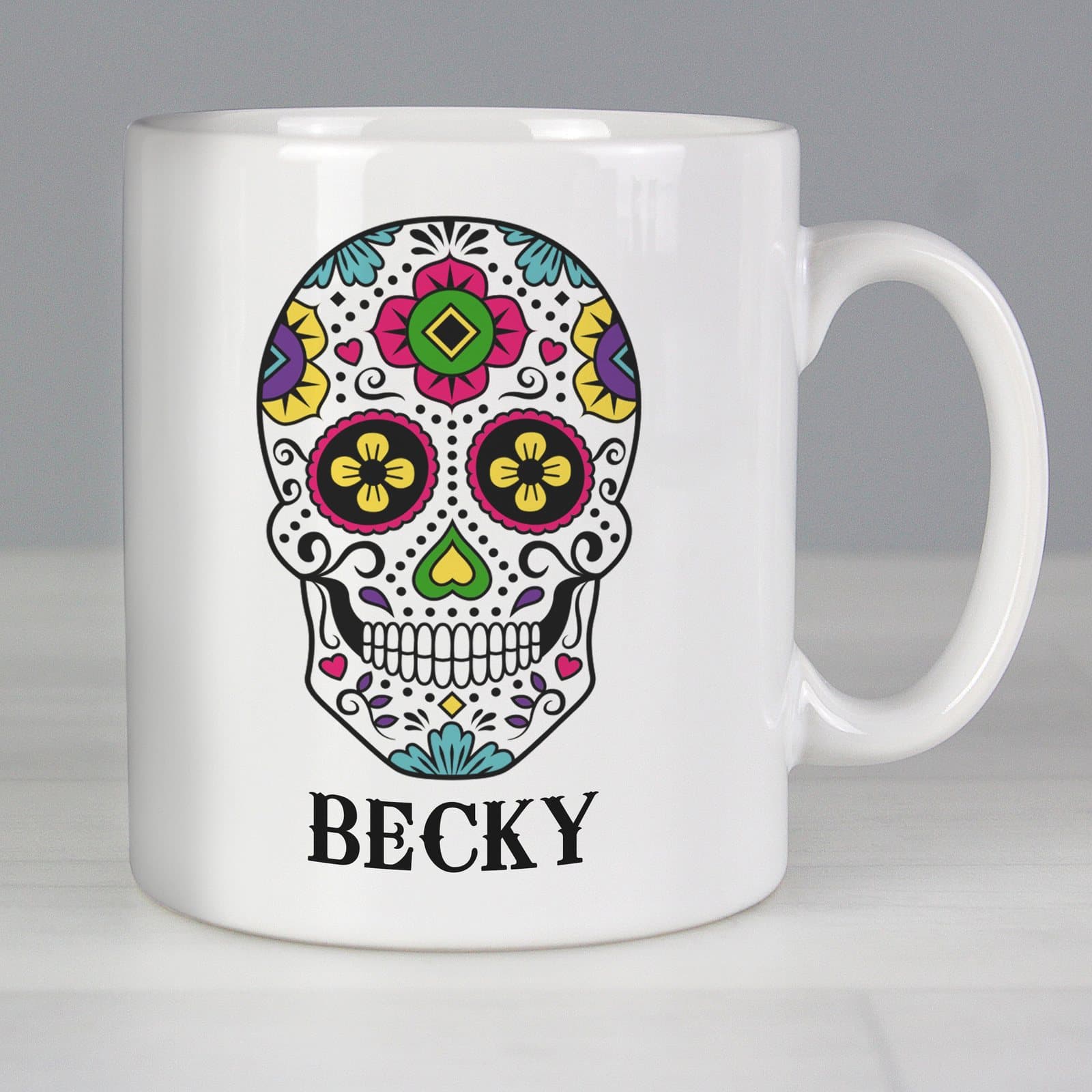 Ceramic sugar skull mug personalised with a name