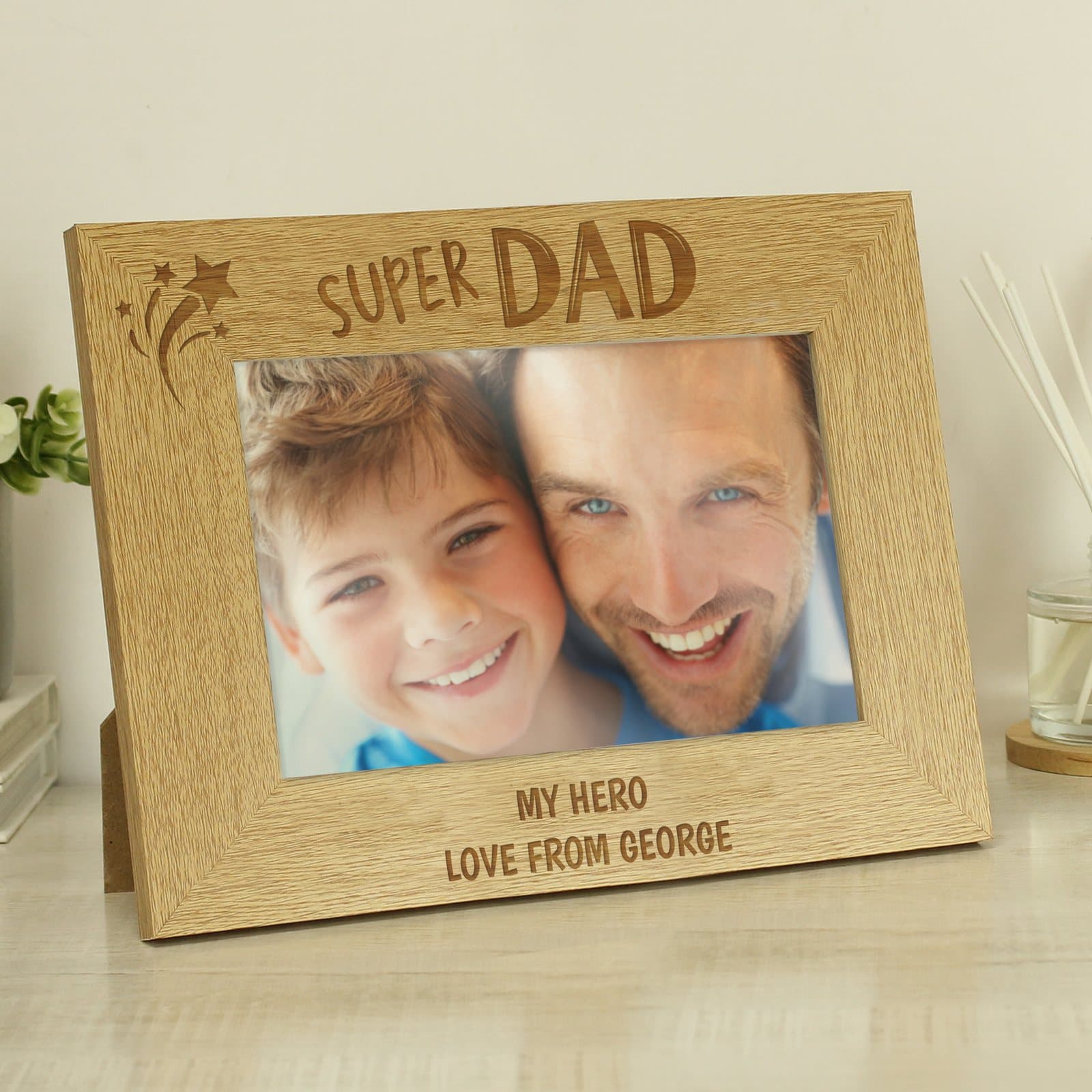 Wooden super dad landscape photo frame with an oak veneer finish