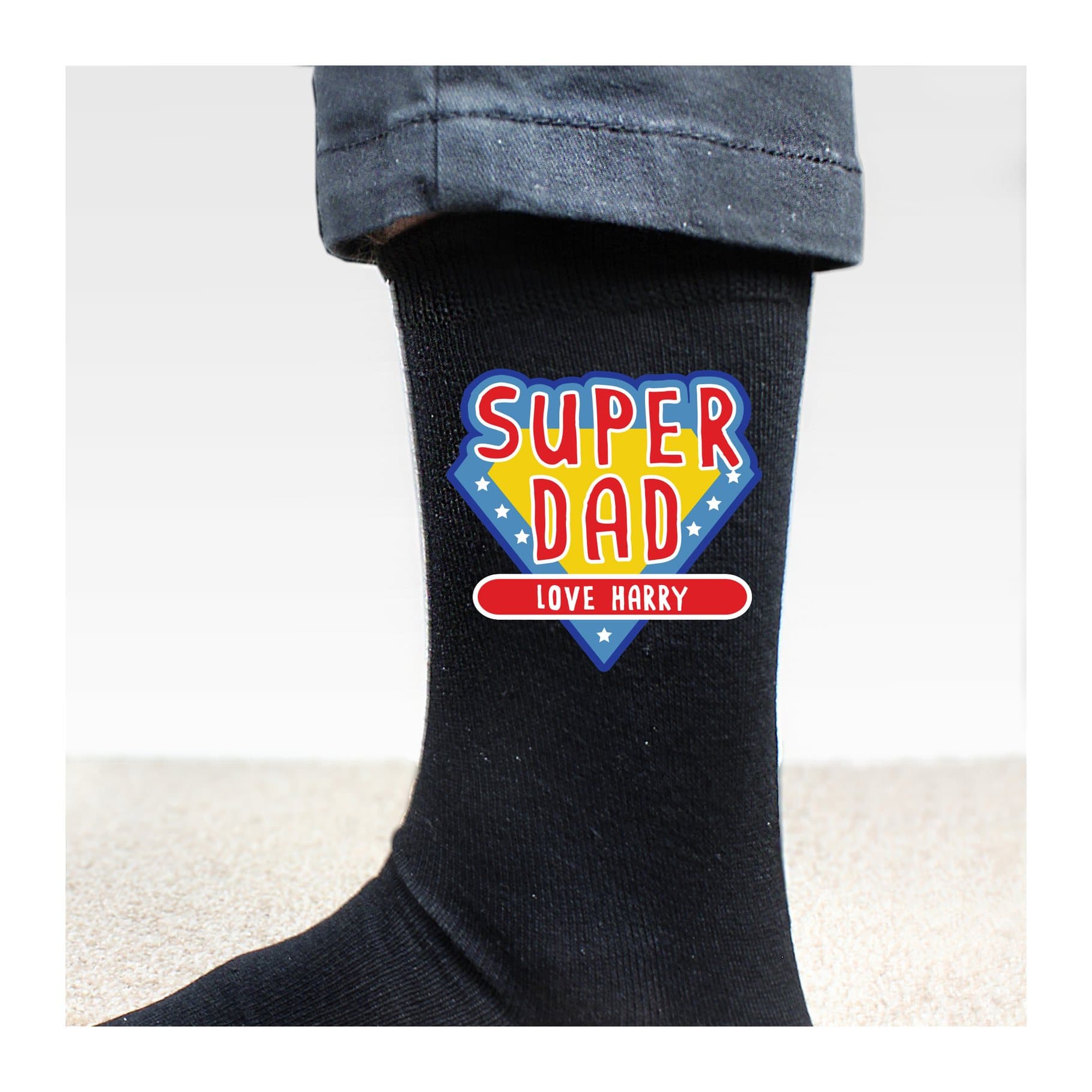 Personalised Super Dad men's socks with a message line