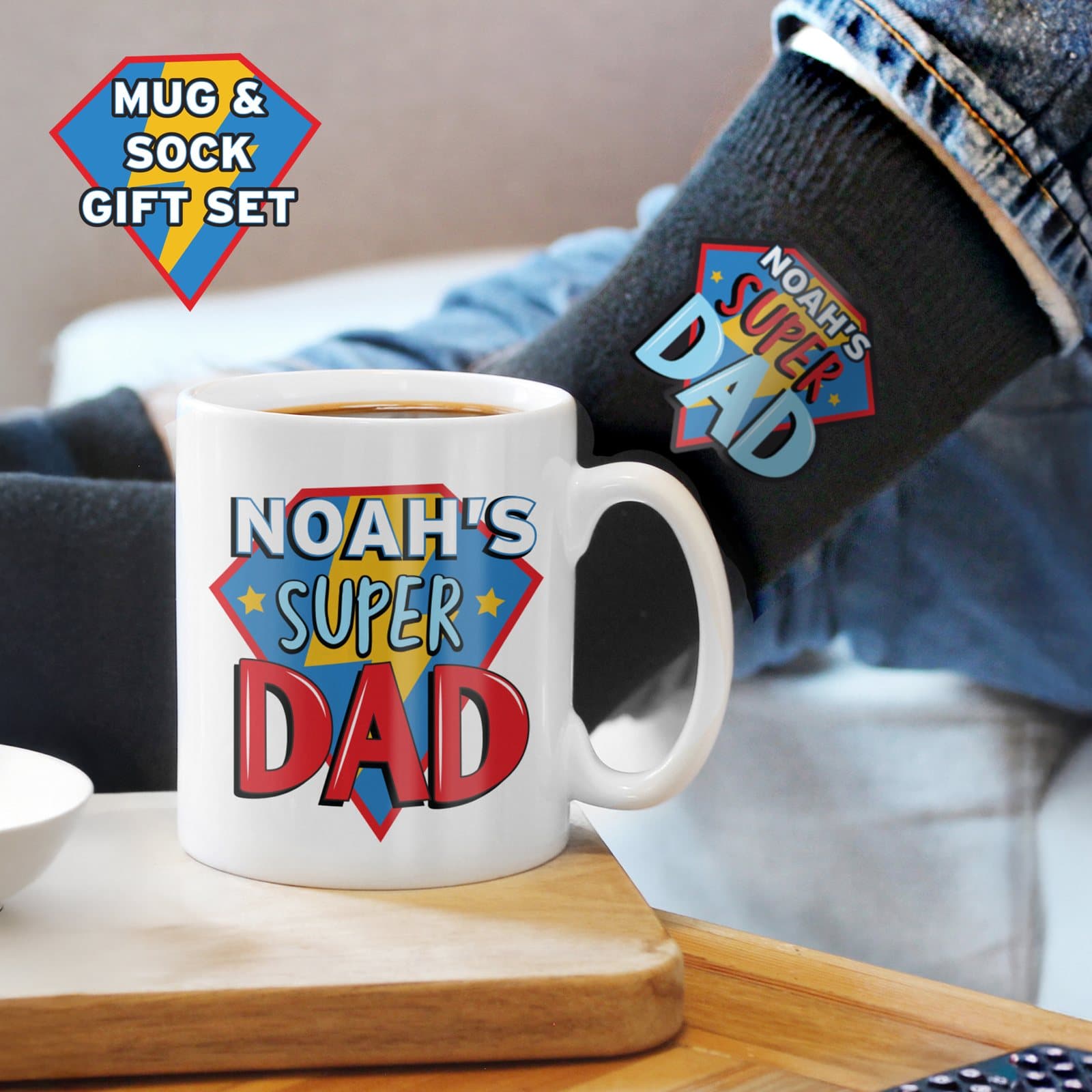 Super Dad ceramic mug with matching black socks