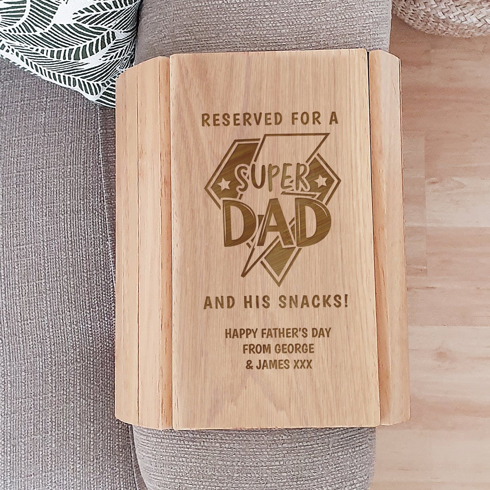 Wooden sofa tray with Super Dad text and a personalised message