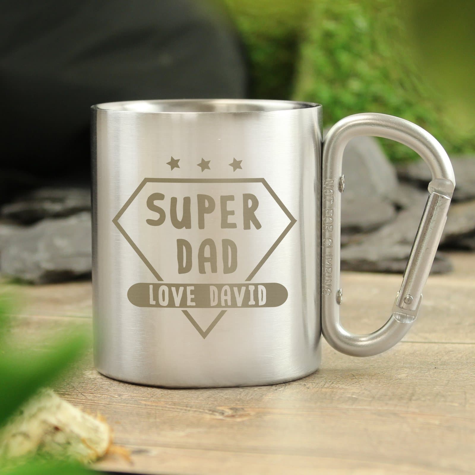 Stainless steel Super Dad mug with a personalised message