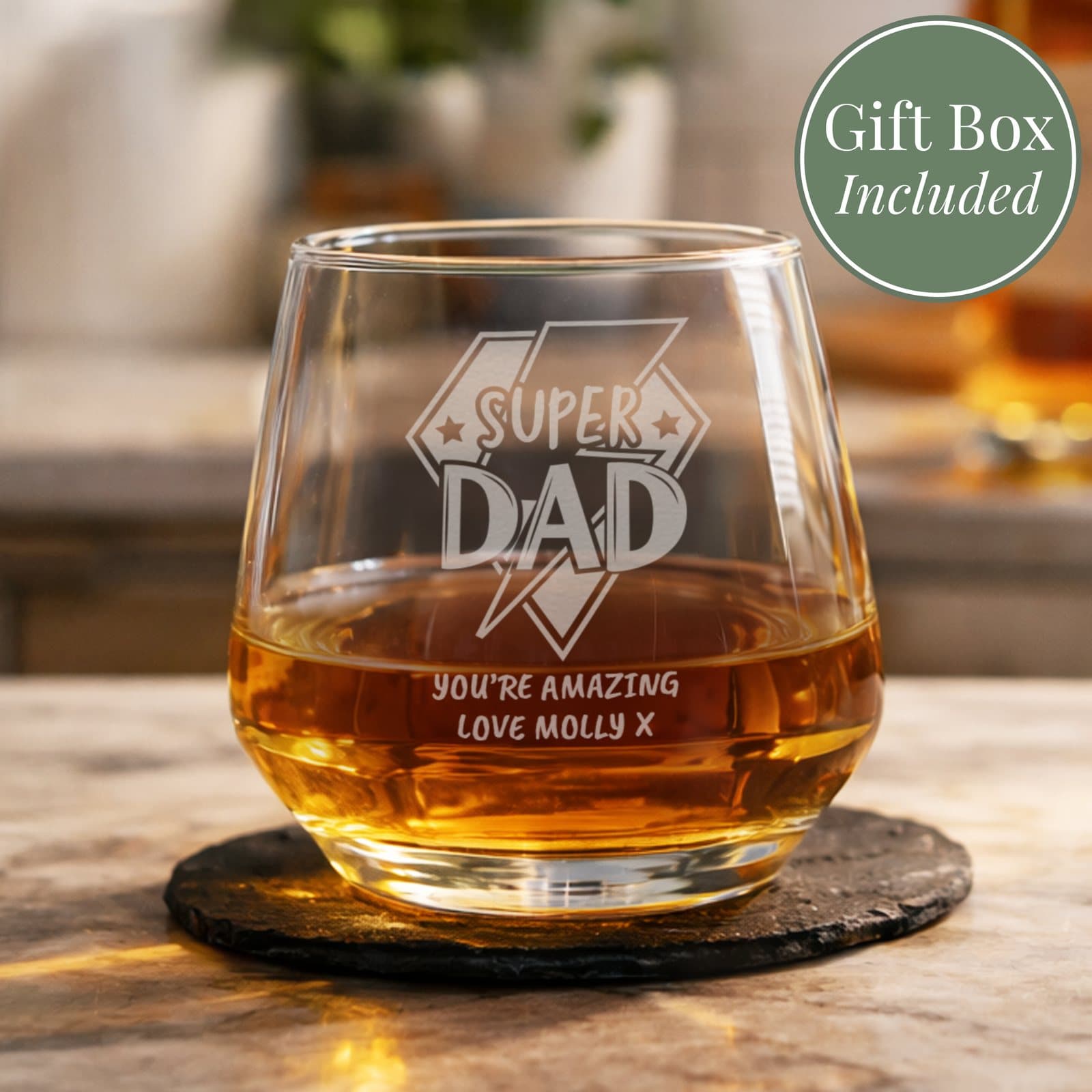 Glass tumbler engraved with a Super Dad design and a personalised message